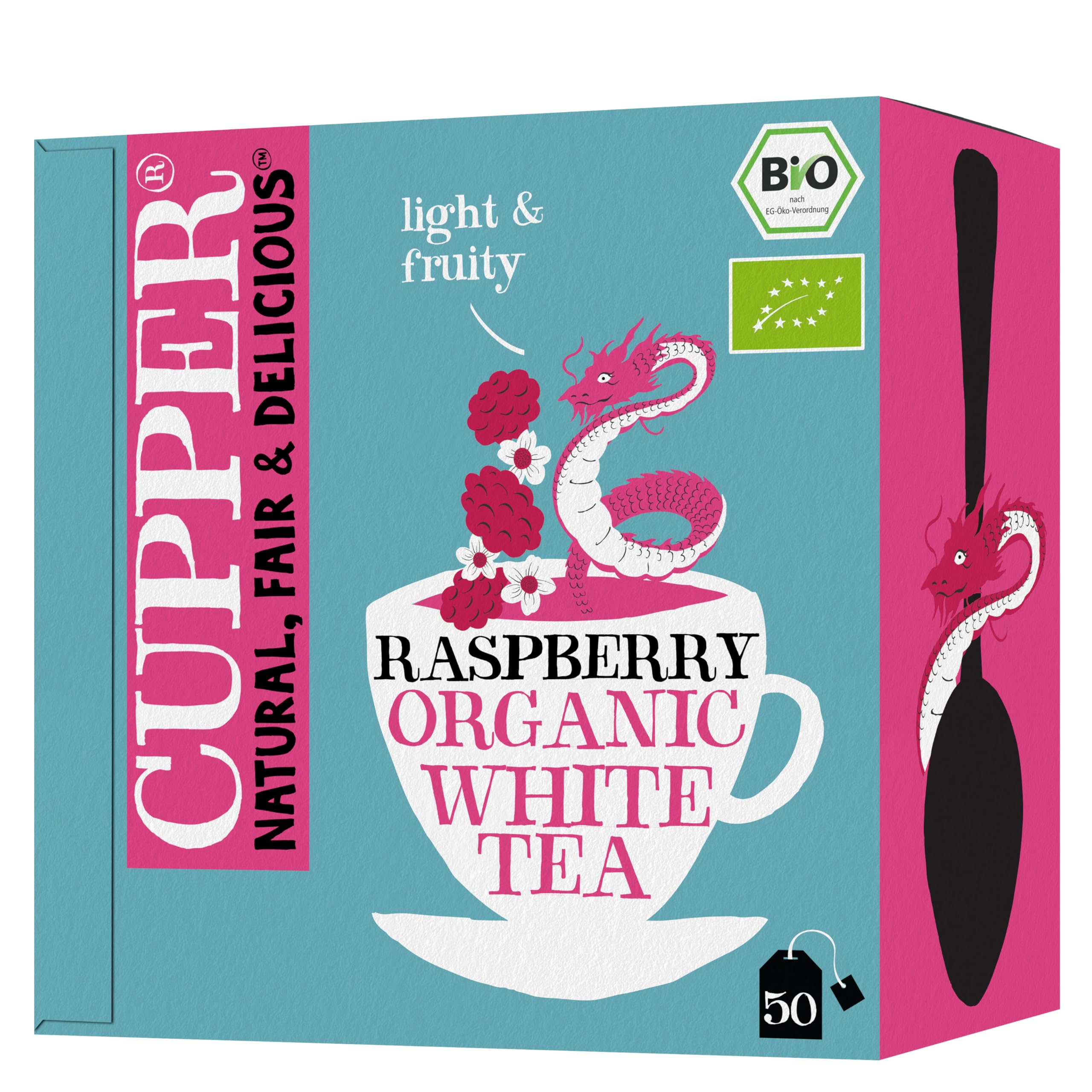 CUPPER - Caja de 50 bolsitas de Té Blanco Con Frambuesa Bio - Apto para Veganos - Contiene Frambuesa | Té blanco con frambuesa | sin plástico y sin blanquear | perfecto para la oficina | comercio justo