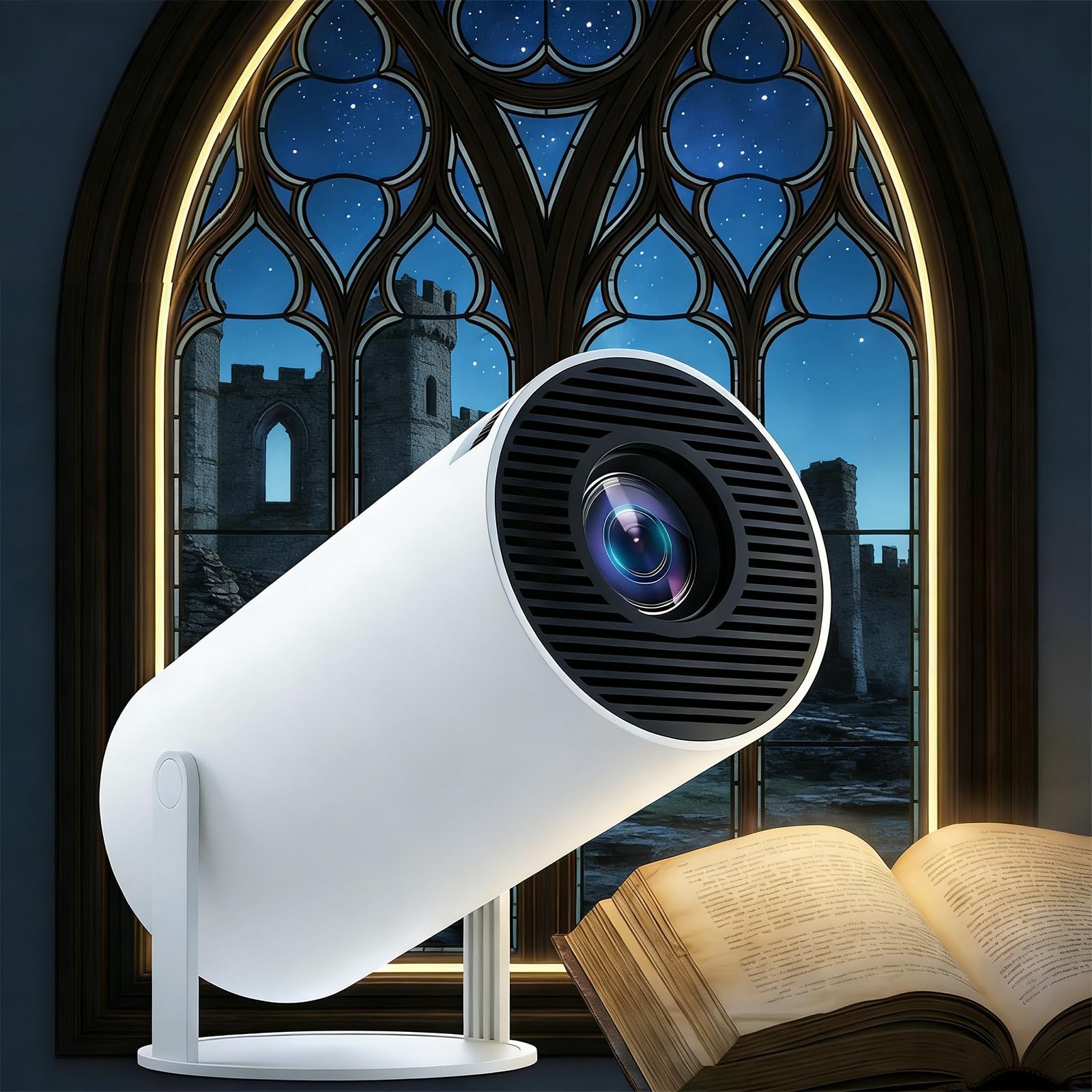 Proiettore Smart Book 4K per lettura, correzione trapezoidale automatica, rotazione a 180°, proiettore finto per un'esperienza immersiva in camera da letto, atmosfera di lettura accogliente