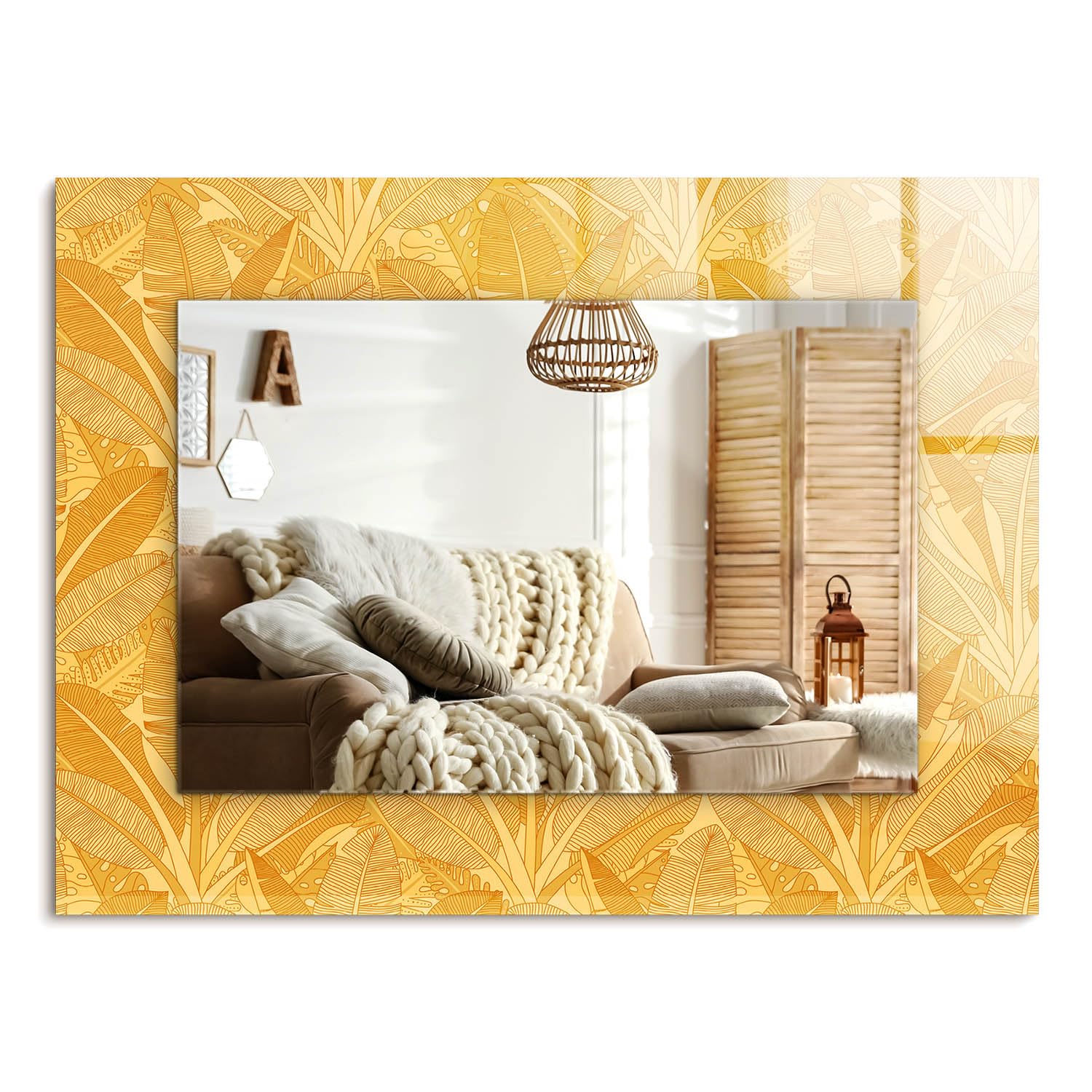 Miroir de salle de bain 80x60 cm sans cadre au design moderne rectangulaire motif feuilles orange