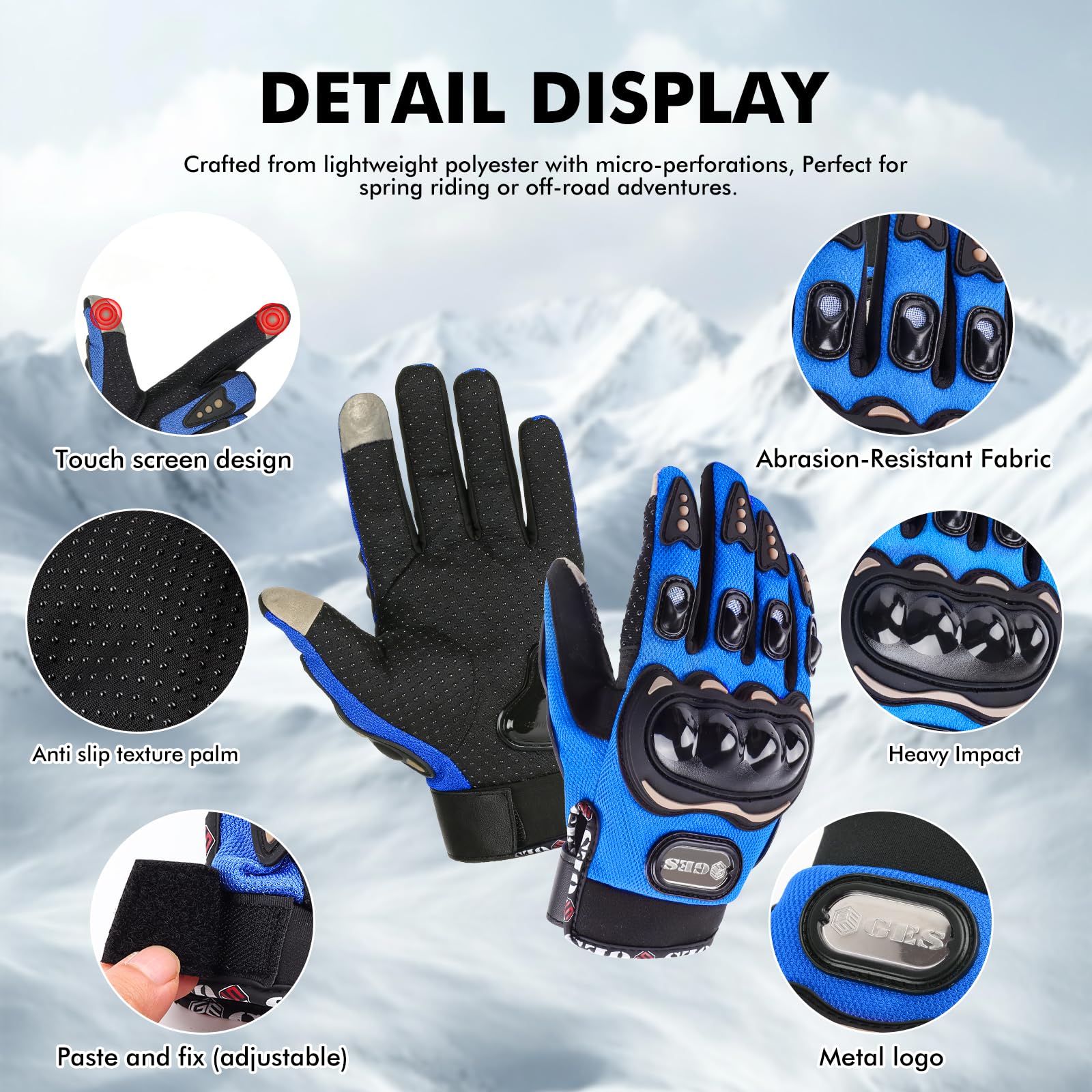 GES Motorcycle Riding Gloves for Men, All-Weather Full Finger Touch Screen Gloves, Breathable Water Resistant Motocross Racing Gloves for ATV, Dirt Bike, Scooter - 5