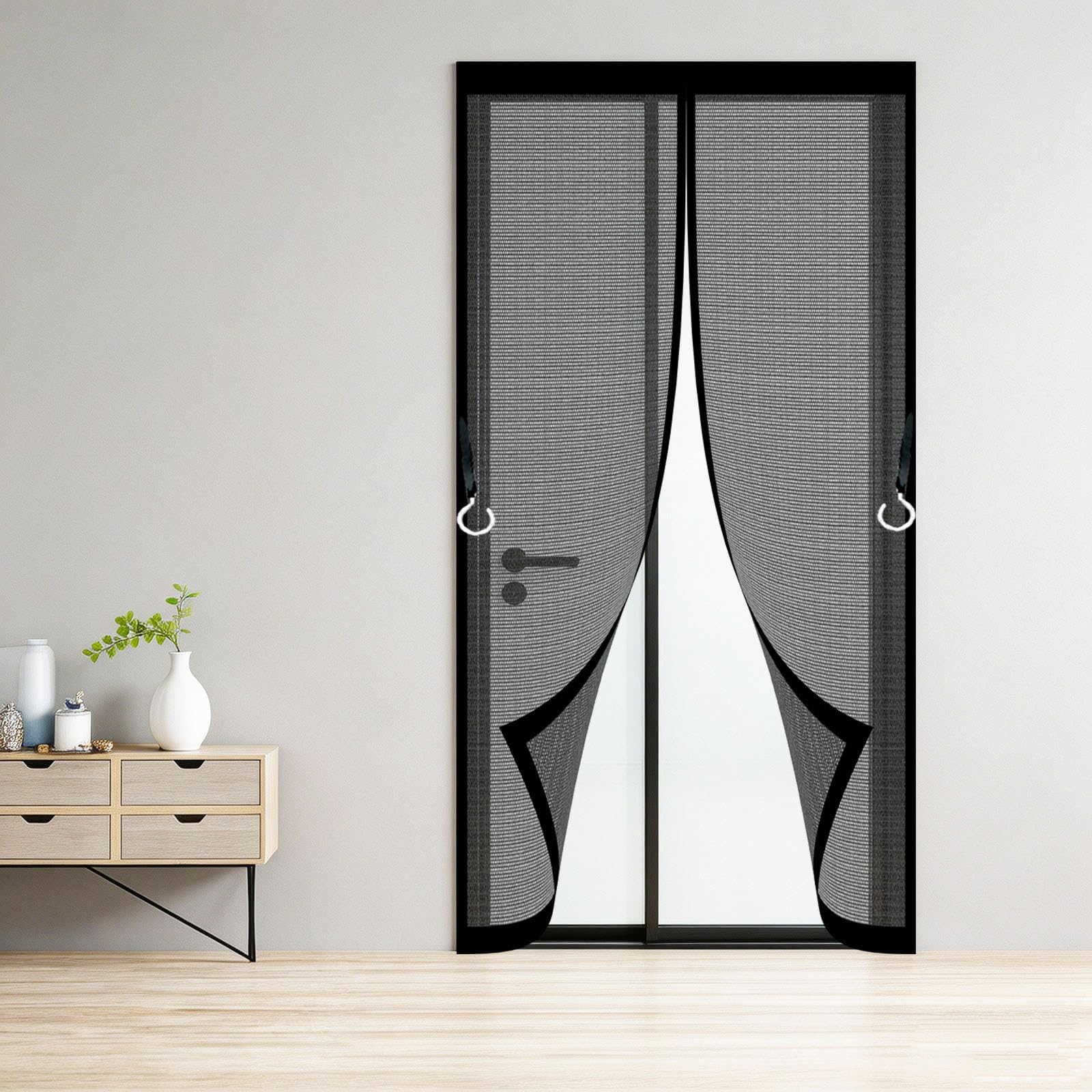 Heavy Duty Bug Mesh Curtain 88 x 175 cm Frame Hook & Loop Keep Bugs Out Lets Fresh Air in No Gap Fiberglass Double Screen Door for Patio Doors Balcony Sliding Door, Black