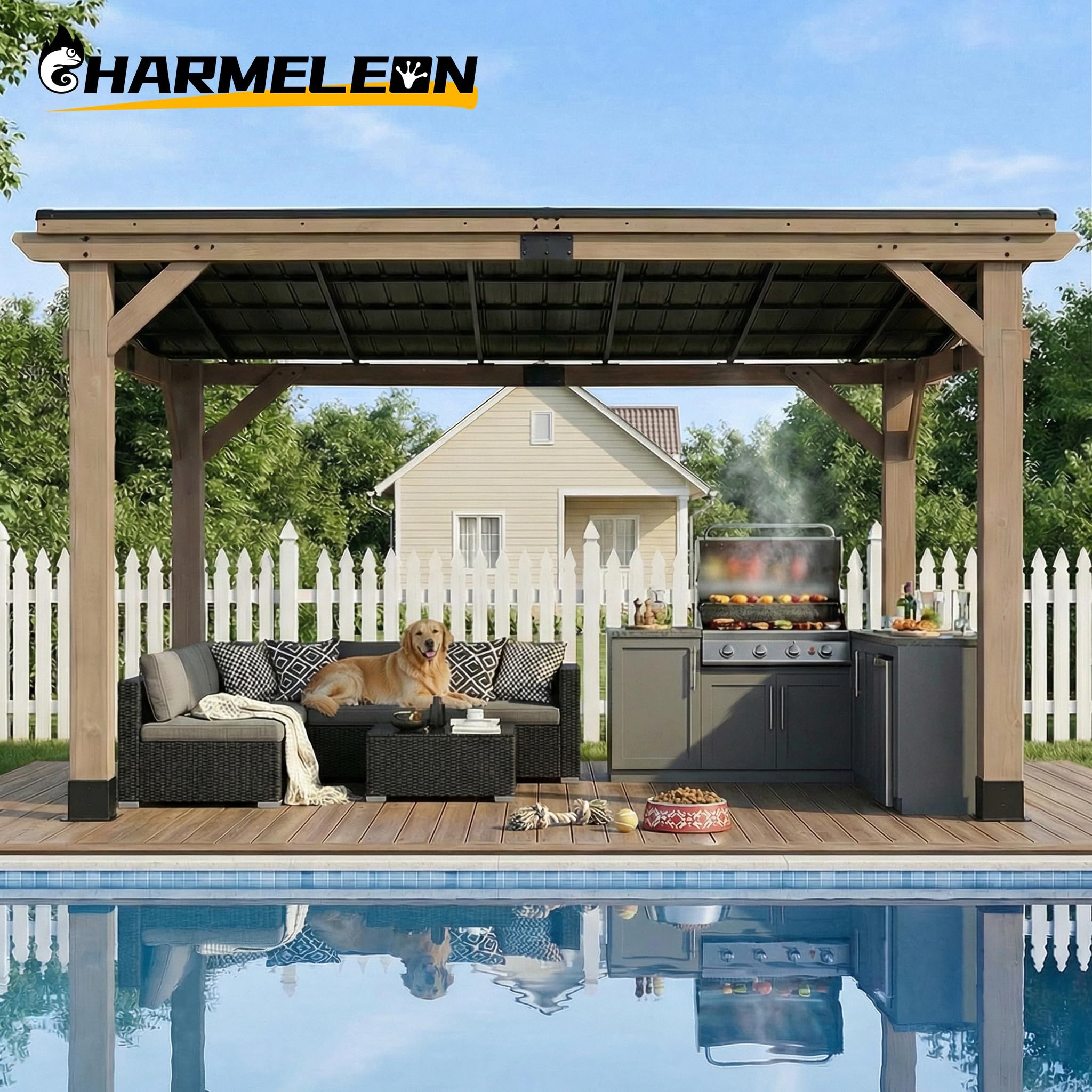 CHARMELEON Zedernholz-Gazebo 3,05 x 3,66 m, Holz-Grill-Gazebo mit geneigtem galvanisiertem Stahldach, dauerhaftes festes Terrassenpavillon für draußen, Hinterhof, Garten, überlegene Schnee- und