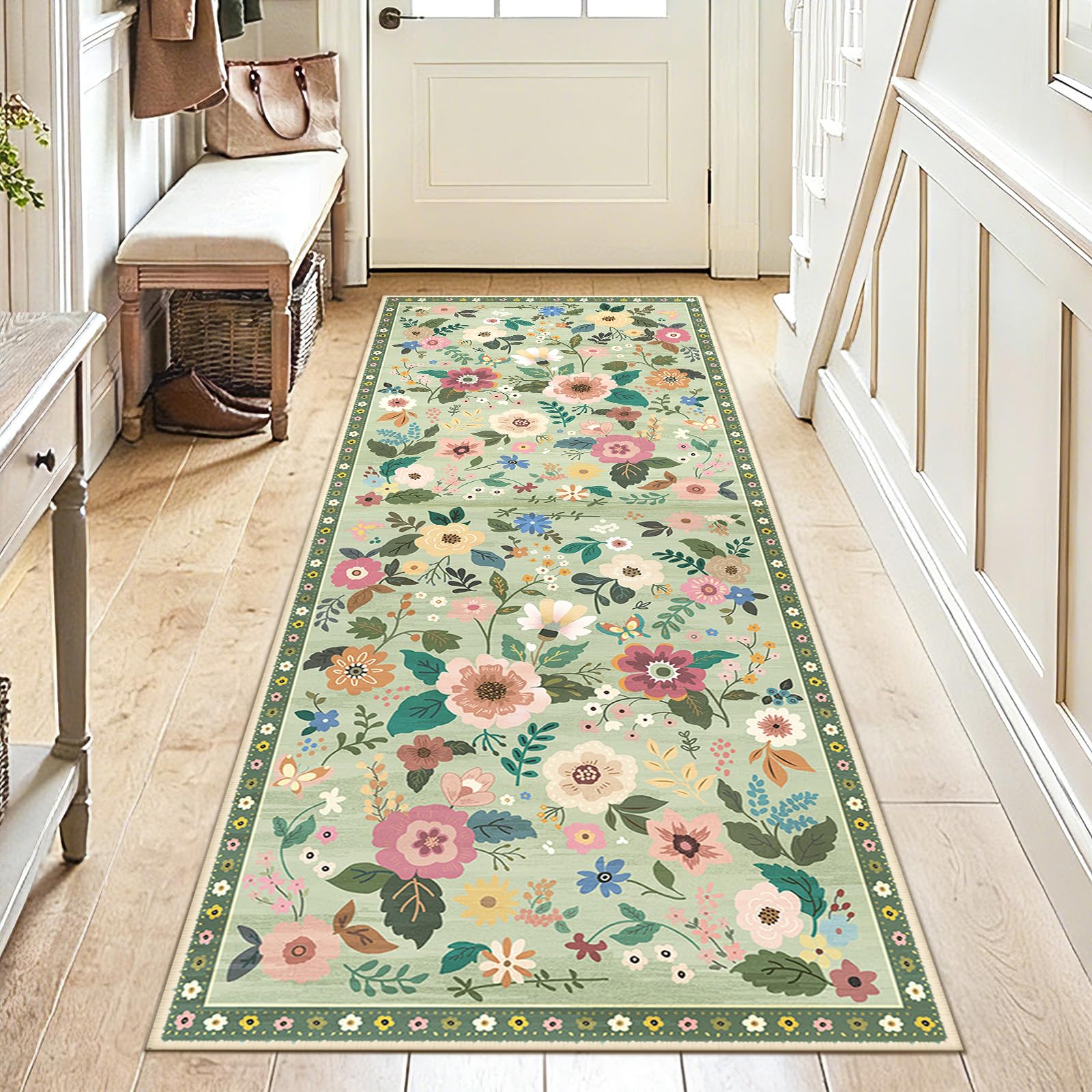 DEFYNEE Runner Rug 60x180cm Green, Machine Washable Floral Rug Low Pile โ image 1