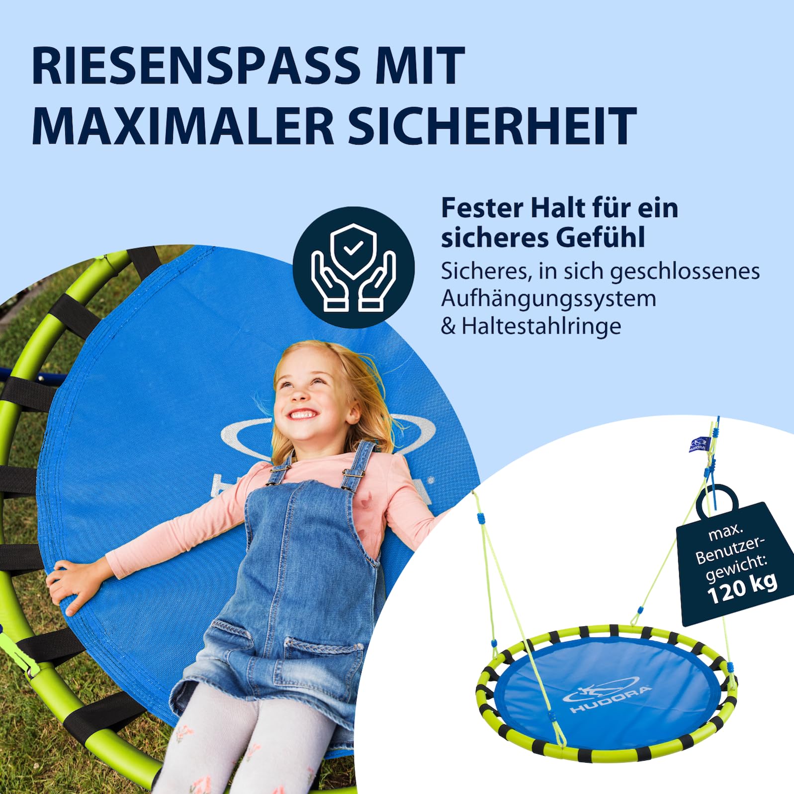 HUDORA Nestschaukel Alu 120 - Hochwertige Indoor & Outdoor Korbschaukel - Hängeschaukel mit 120 cm Durchmesser - Höhenverstellbare Schaukel für Kinder & Erwachsene bis zu 120kg, blau/gelb