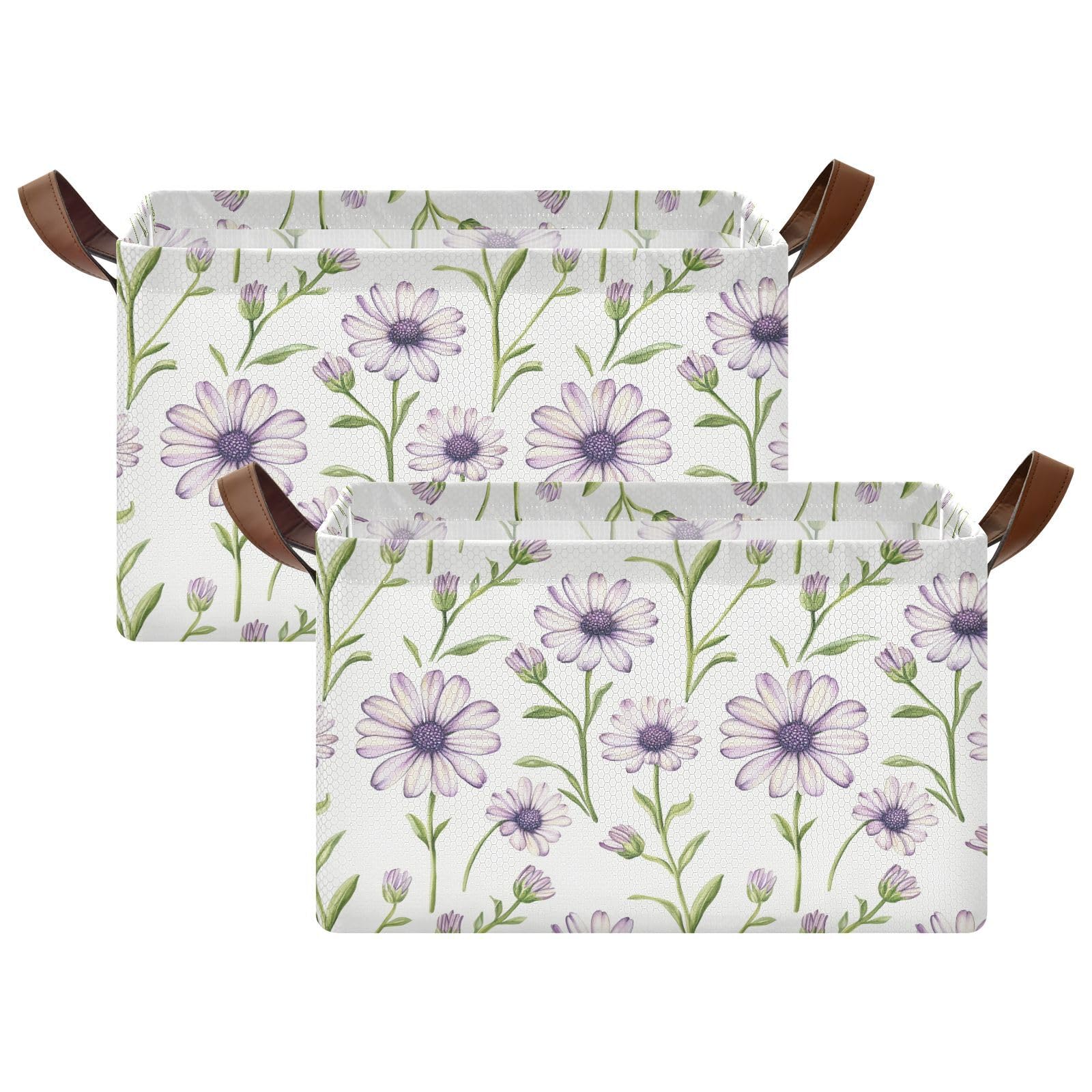KLL Sweet Osteospermum fioletowe, neutralne, duże kosze do przechowywania z uchwytami, duży dekoracyjny organizer do szafy, półki, komody, 2 szt., cajas de almacenamiento para ropa