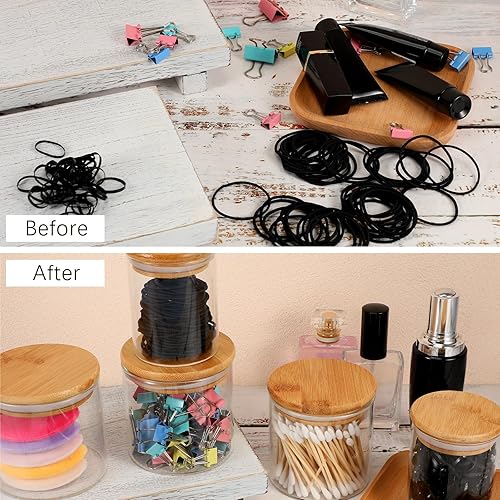 Miniatura 4 de Dandat Paquete de 6 tarros de vidrio con tapas, tarros de bambú para baño, almohadilla de bolas de algodón, dispensador de hisopos redondos,