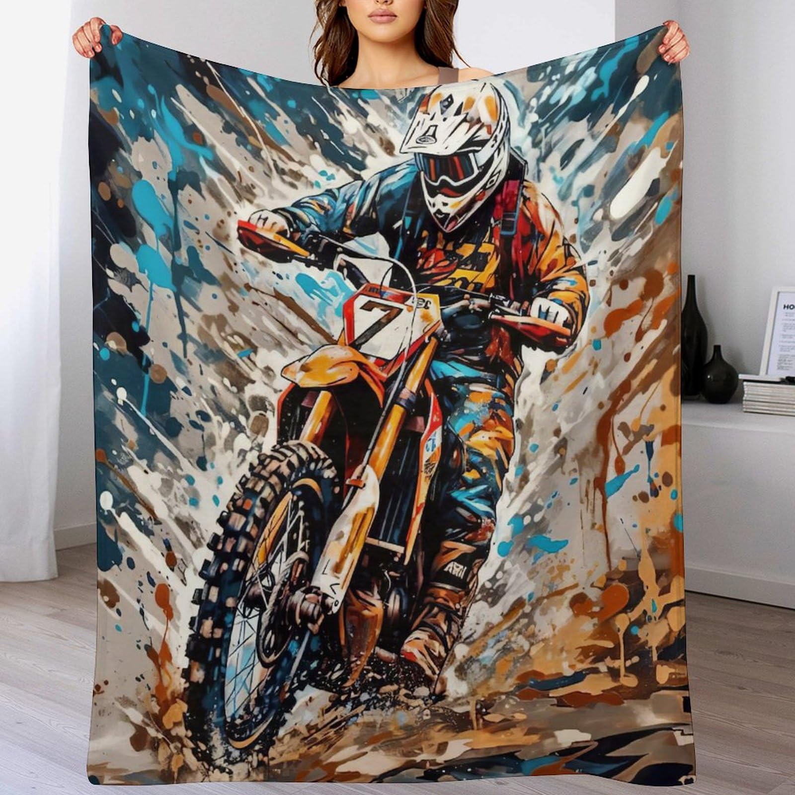 Couvertures flannel douces motif motocross 100x130 pour lit enfant