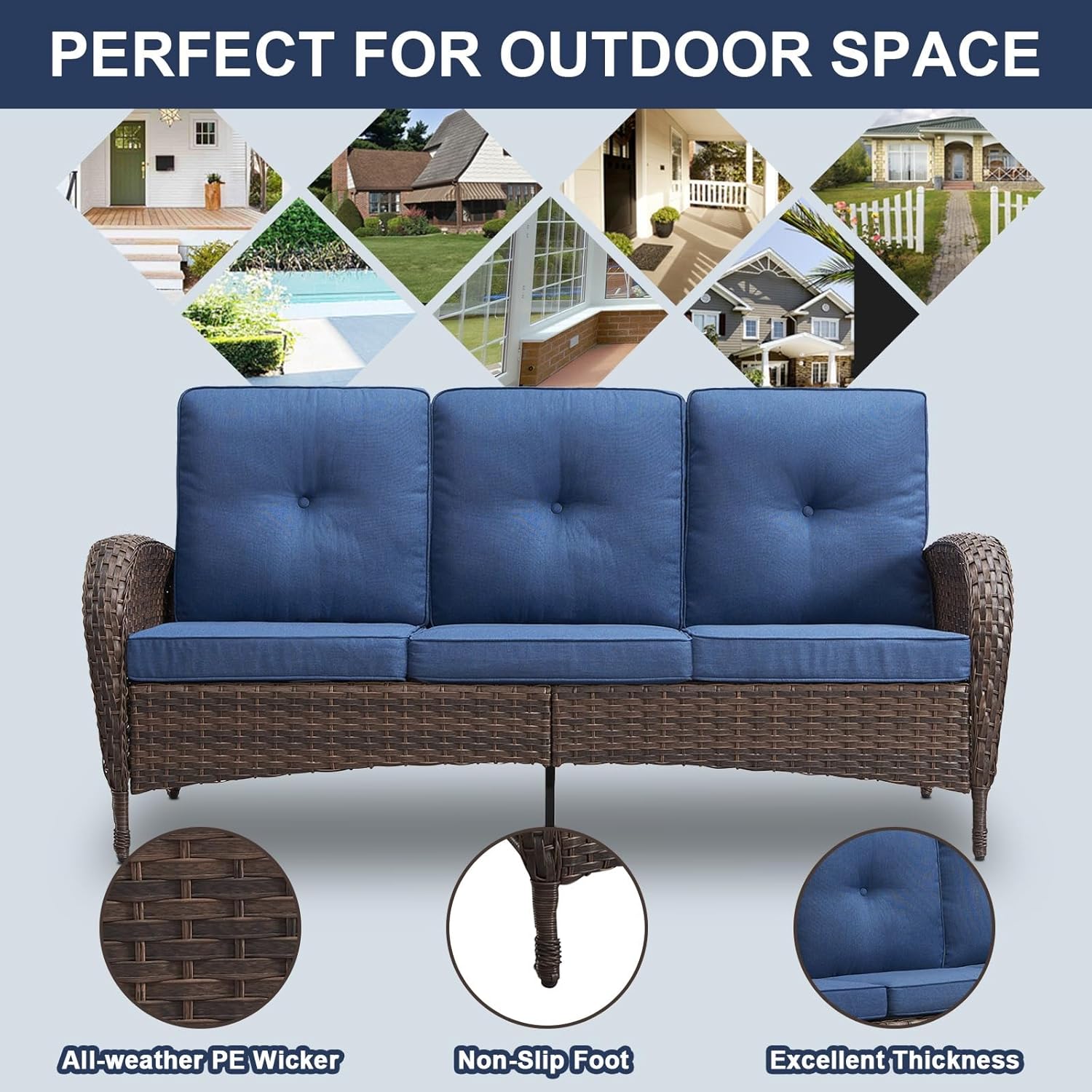 Belord Outdoor Patio Furniture - Wicker Sofa with Removable Cushion, 3 Seater Rattan Couch with Deep Seat, High Backrest, All-Weather for Balcony, Deck, Backyard, Brown/Blue