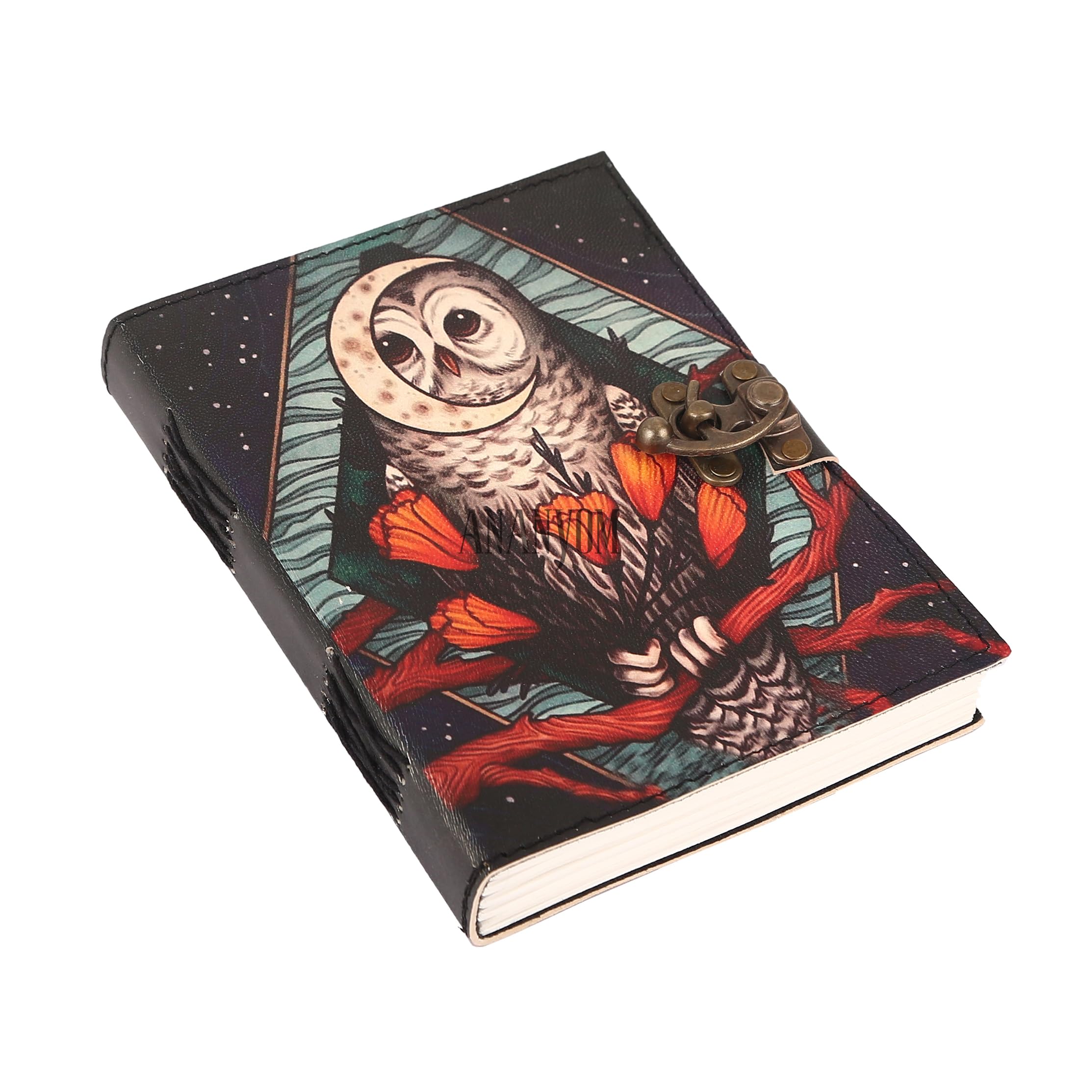 Grimoire en cuir fait main hibou, papier blanc vierge pour dessinateurs