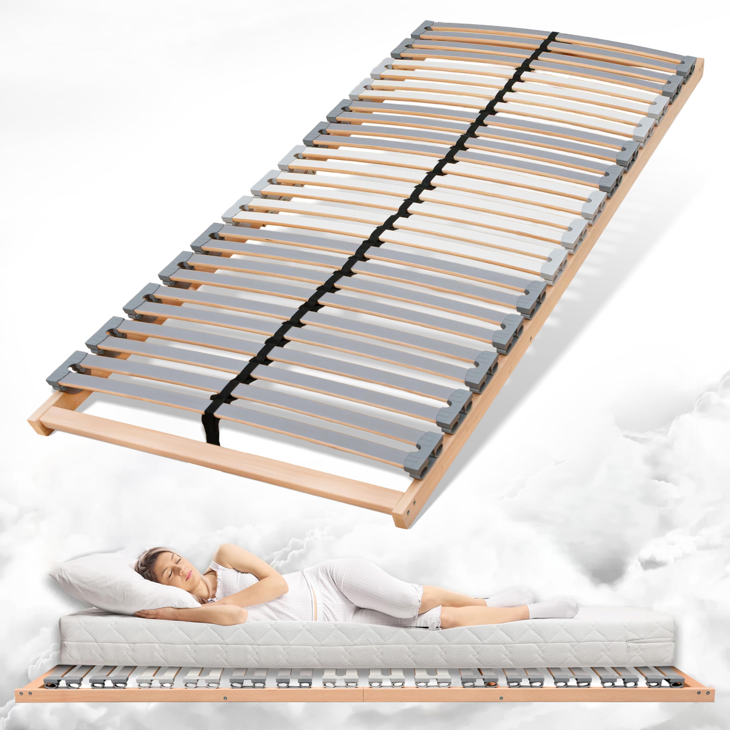 Coemo EasyLat Starr Lattenrost 90x200 cm – 5-Zonen Lattenrahmen mit 28 Federholzleisten, Stabiler Mittelgurt für optimale Unterstützung, geräuscharm, langlebig passend für viele Matratzen