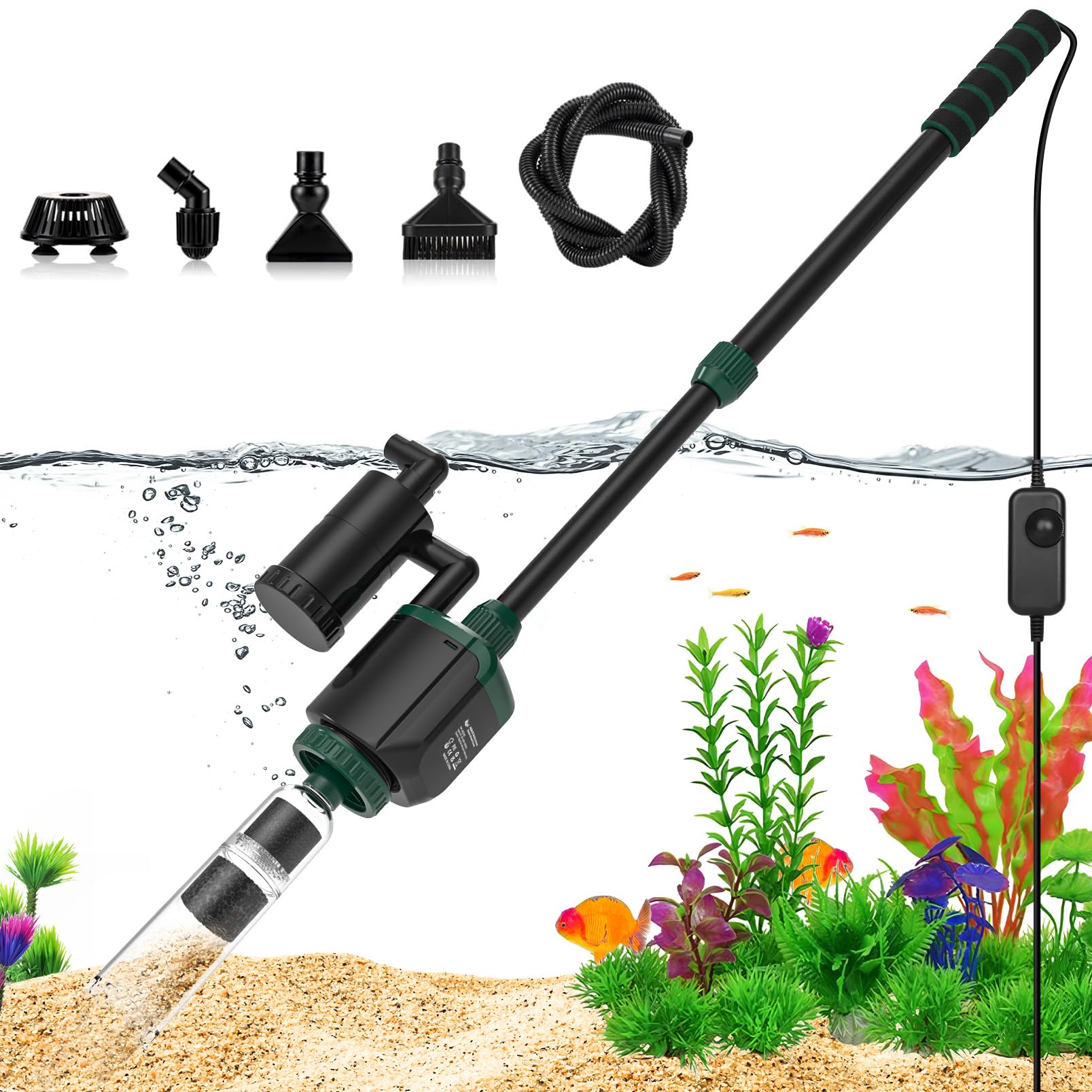 AQQA 6-in-1 DC Aquarium Gravel Cleaner in action, showing high efficiency, strong suction, and silent operation.