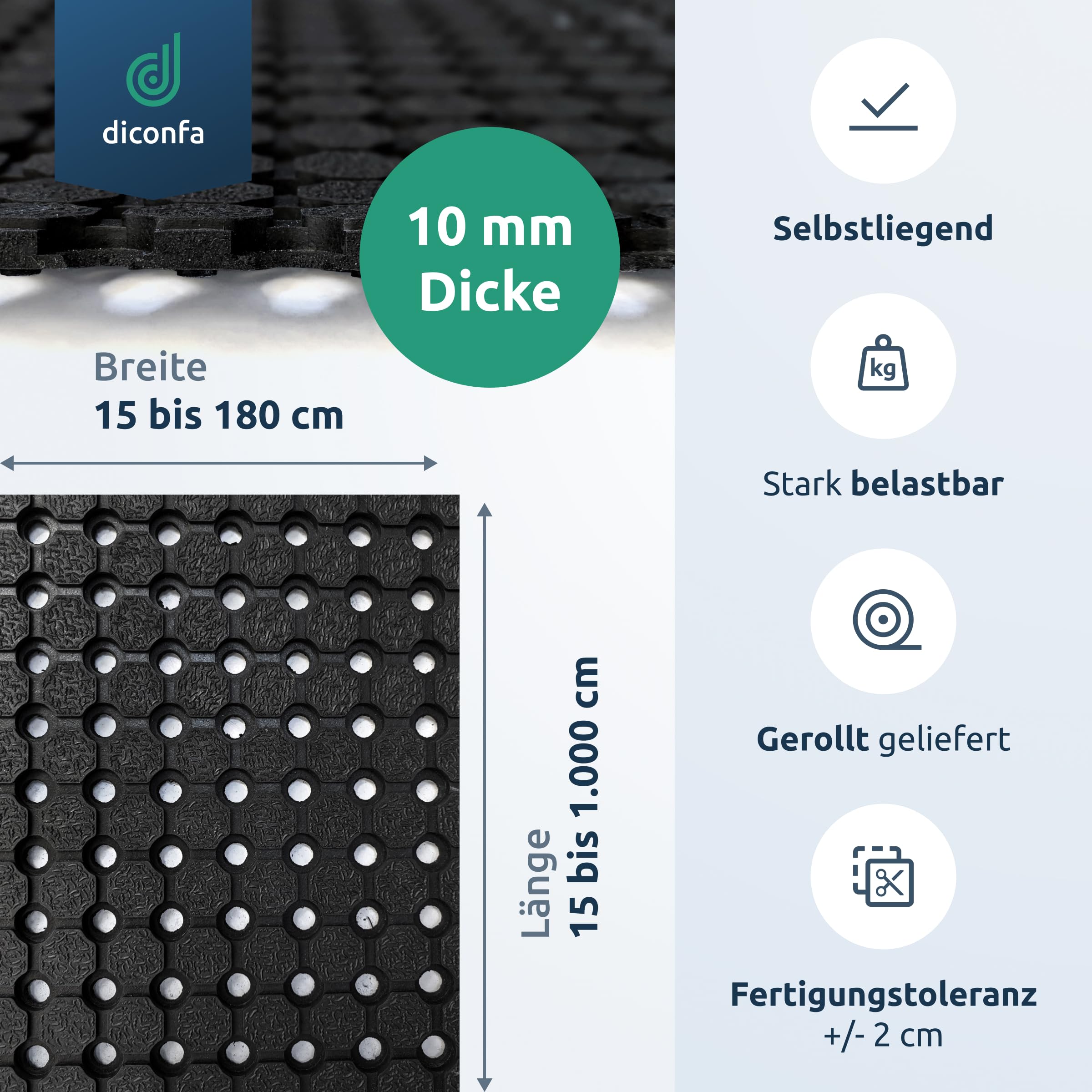 diconfa Tapis en Caoutchouc perforé sur Mesure - Largeur 150 à 1800mm - Longueur 0,15 à 10m - 0,3 m x 3,15 m 30 cm x 315 cm 10mm Fort - Tapis de Piscine Tapis alvéolaire Jardin antidérapant