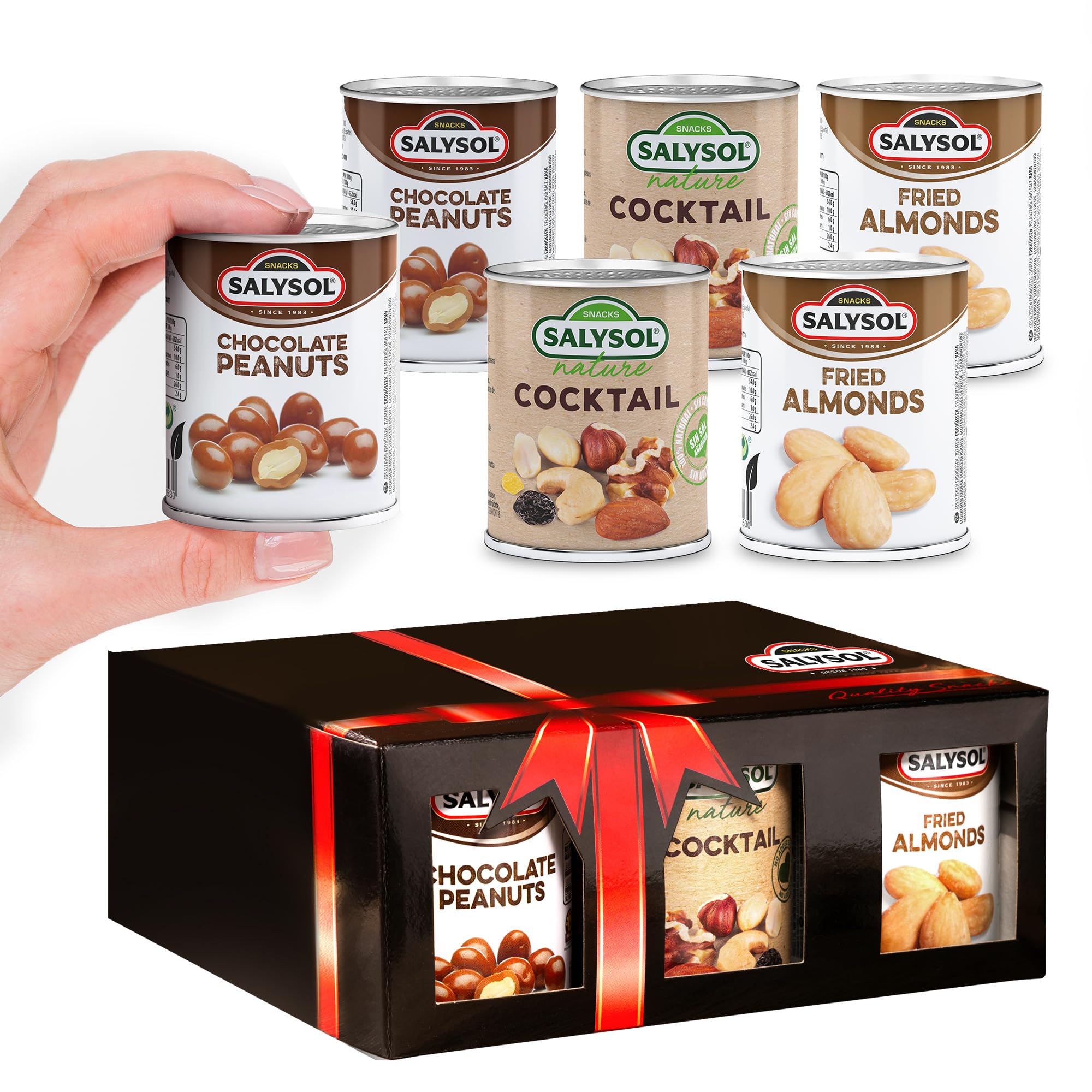Salysol Snacks Nuts - Chocolate Peanuts, Nature Cocktail, Fried Almonds 6 x 50g Cans - Chocolate Gift box - Delicious Natural Nuts - Thoughtful Gift Sets for Men and Women