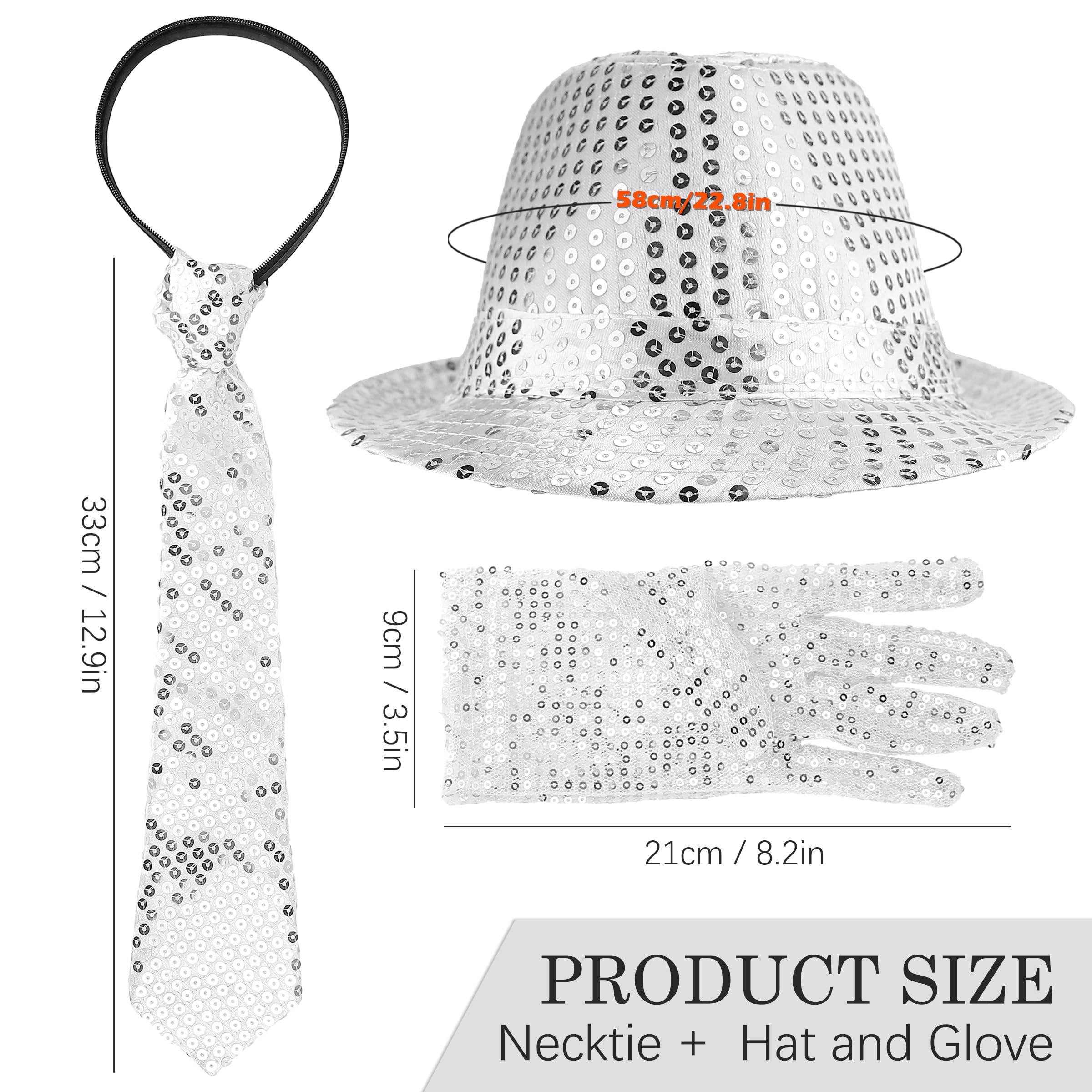 LNQ LUNIQI 3Pcs Women Disco Fancy Dress Accessories 70s with Sequin Hat Silver Sequin Gloves Bling Tie Glitter Costume for Hip-Hop Dance Theme Party Masquerade - Image 2