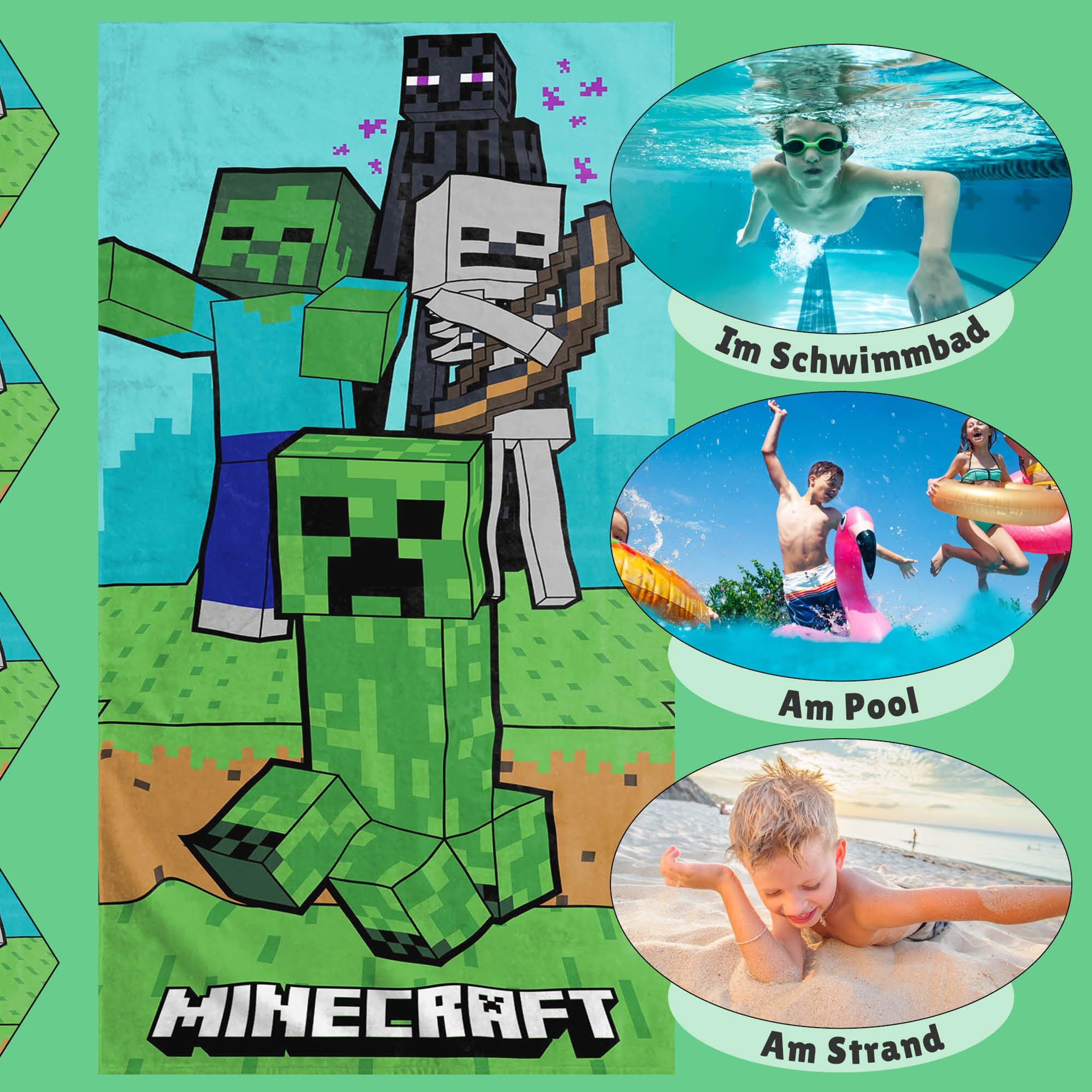 Familando – Minecraft Strandtuch Jungen 70x140 cm – Badetuch & Duschtuch aus 100% Baumwolle – mit Creeper, Zombie & Enderman – Öko-TEX Zertifiziert