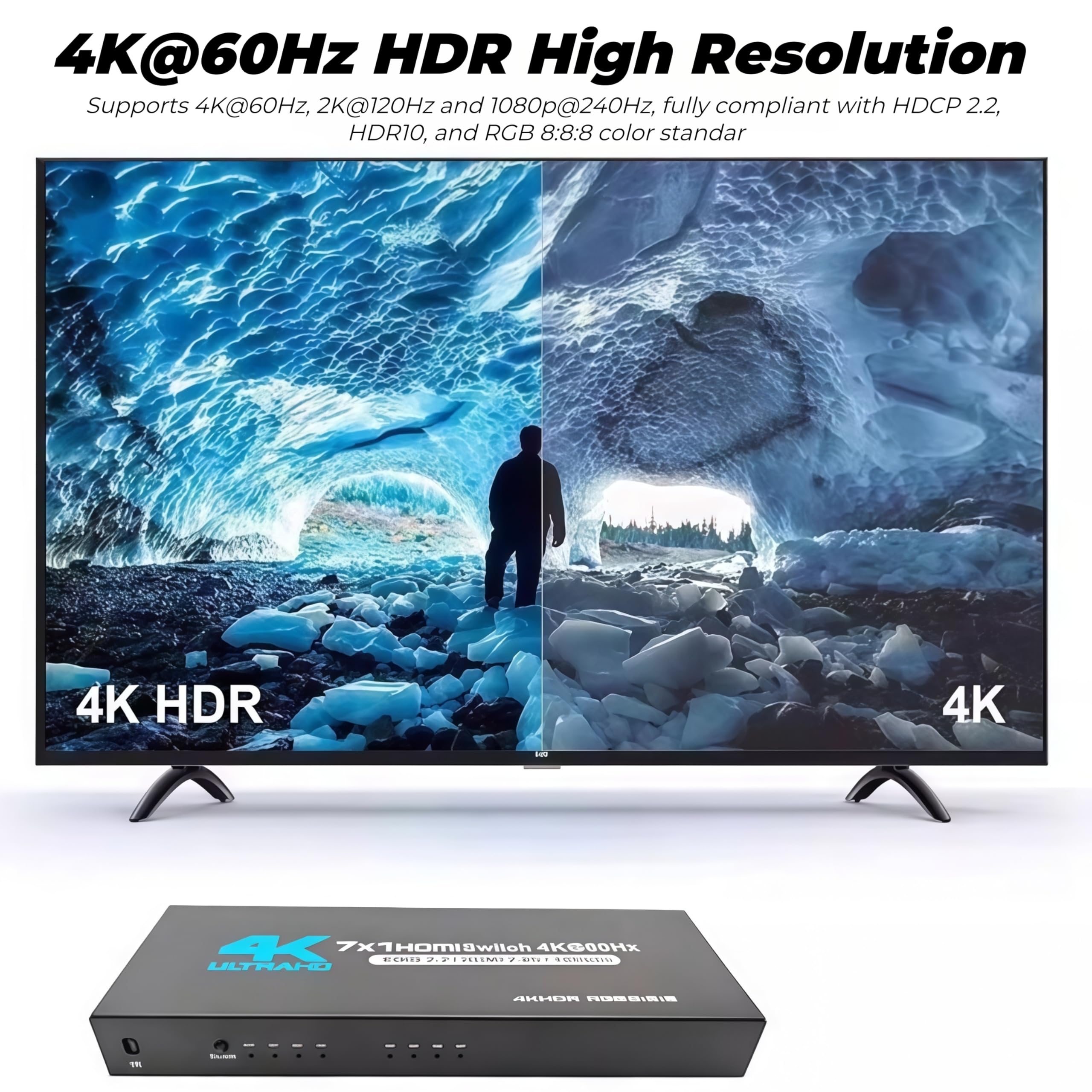 Switch HDMI 7 in 1 Out, splitter HDMI 2.0 4K @ 60Hz con telecomando, scatola selettore switch HDMI a 7 porte, supporto Dolby Vision/Atmos HDR10 HDCP2.2, per PS4 Xbox Switch Roku TV Fire Stick