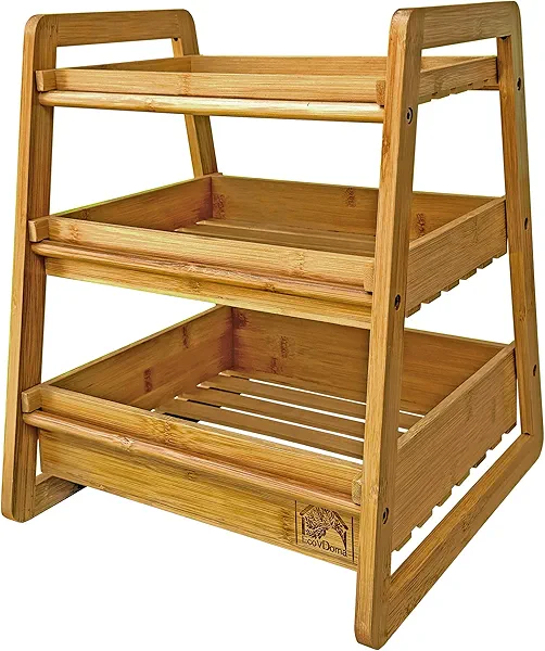 EcoVDoma 3 Tier Fruit Basket for Kitchen Counter - Bamboo Countertop Organizer for Fruits, Vegetables, Produce, Snacks - Natural Wood Storage Rack for Kitchen, Bathroom, Office, Vendor Booth