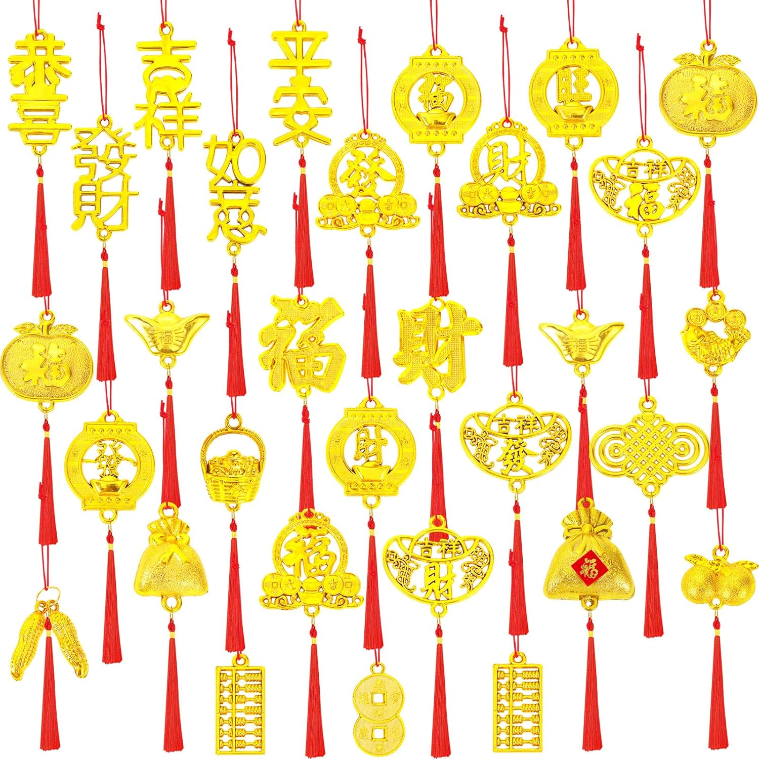 HOWAF 30pcs Chinese New Year Lucky Charm,Spring Festival Gold Hanging Pendants for New Year Home Health Wealth Success Lucky Decor,2026 Lunar New Years Decorations Year of The Horse Hanging Ornaments