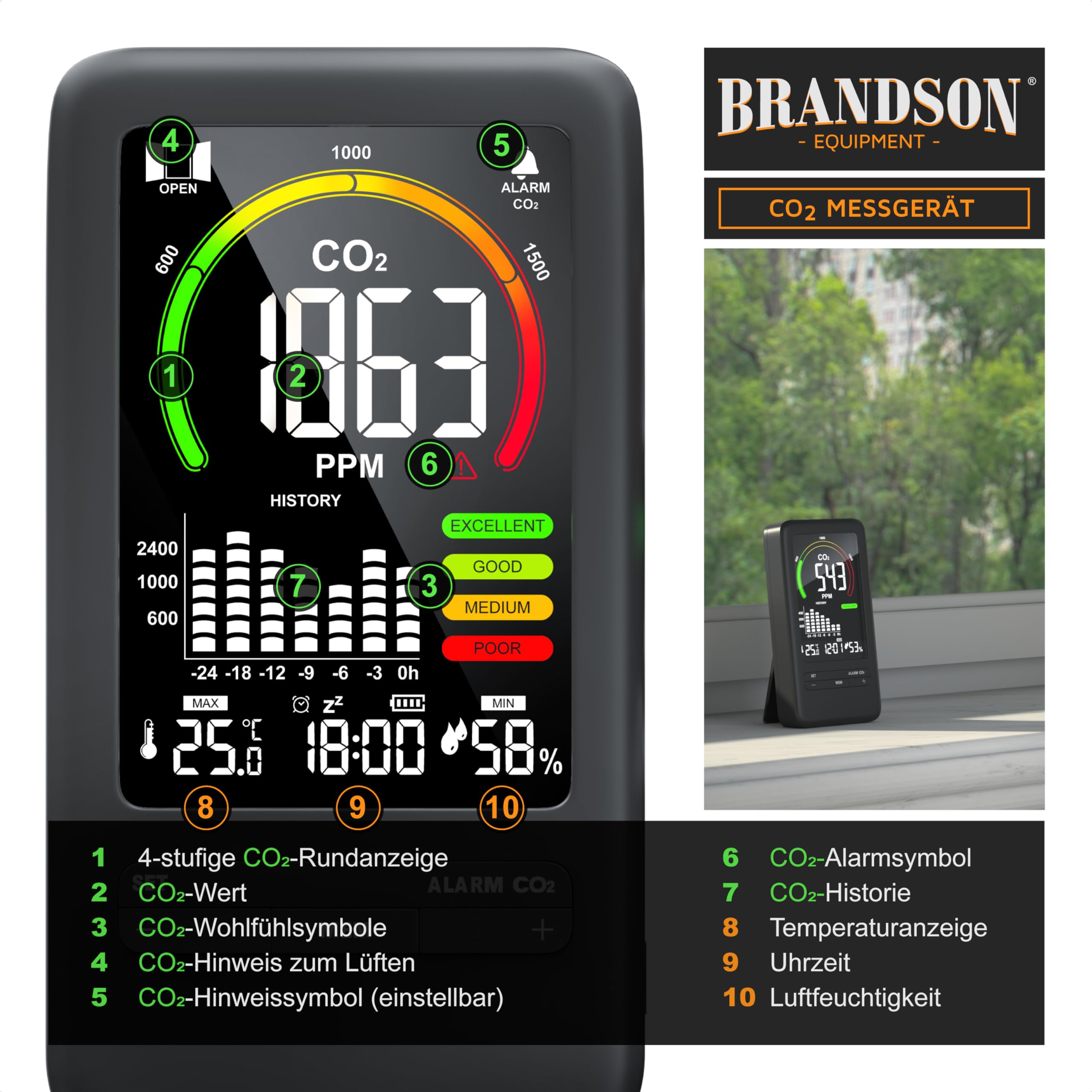 Brandson CO2 Melder Messgerät Kohlendioxidmessung PPM mit Akku 2000 mAh Alarm Wecker Schlummerfunktion Temperatur Uhrzeit Luftfeuchtigkeit schwarz