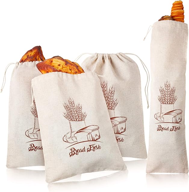 4 Pieces Linen Bread Bags Drawstring Bread Storage Bags Reusable Flax Bag Print Grocery Bags for Food Storage Loaf Homemade Bread Keep, 12 x 16 in and 27 x 8 in