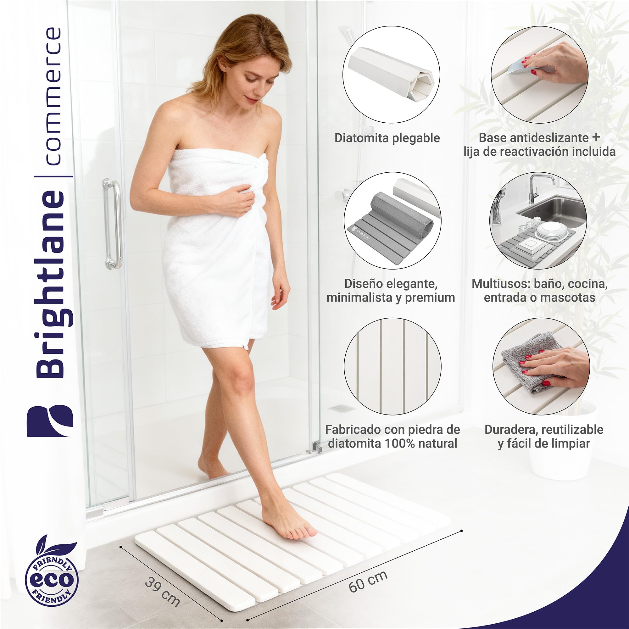 BRIGHTLANE Alfombrilla de Diatomita Plegable 60x39 cm – Secado Ultra Rápido, Antideslizante y Antihumedad – Alfombra de Baño Premium Flexible y Base para Cocina o Escurreplatos (BLDWH6039 Blanco)