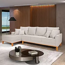 Sofá Beny Chaise e 4 lugares Living Linho Base de Madeira Fixo Sala (Cru, Lado Esquerdo)