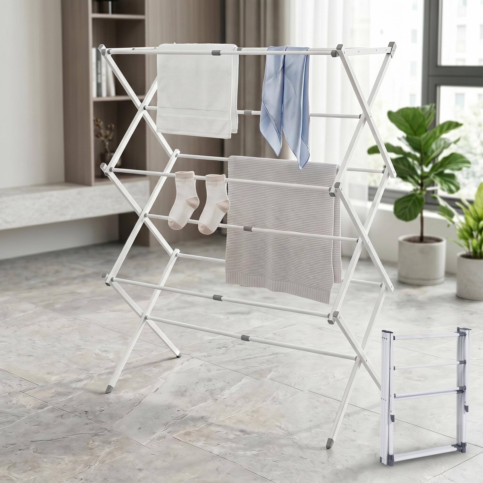 Stendibiancheria da Terra Richiudibile, Stendino Verticale Salvaspazio, Stendipanni Grande capacità in Acciaio, Stendino Allungabile, per Biancheria Balcone, Interno/Esterno(Color:Bianco)