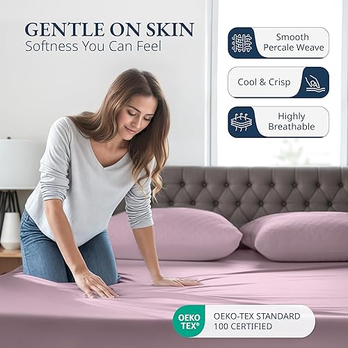 Miniatura 3 de Juego de 2 piezas con sábana bajera 100% algodón orgánico en tamaño individual y 1 funda de almohada, con tejido de percal de algodón ultra suave,