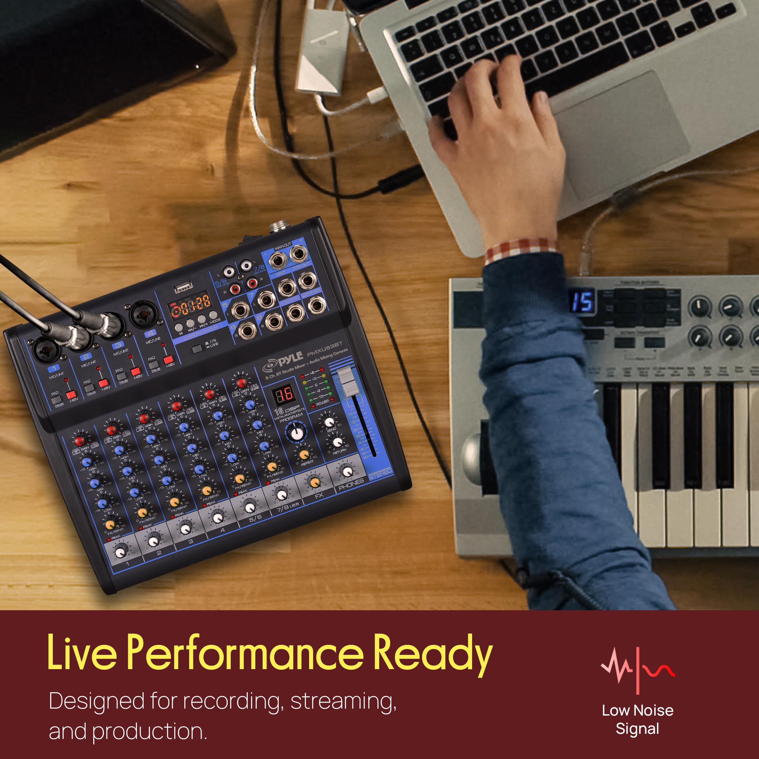 Pyle 8-CH Studio per mixer DJ [interfaccia audio per mixare sistema audio] wireless Bluetooth Streaming | USB/interfaccia connessione computer | Supporto | MP3 digitale + 48 V Phantom Power (pmxu83bt)