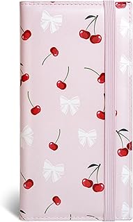 Checkbook Cover for Personal Checkbook, Checkbook Holder with Pen Holder & Built-in Clear Plastic Divider for Duplicate Checks (Bow & Cherry)