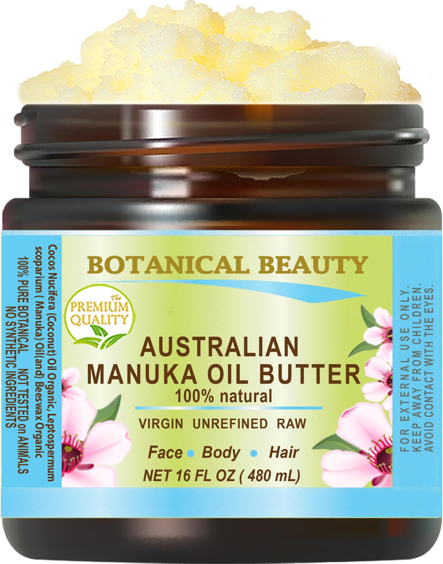 Botanical Beauty MANUKA OIL BUTTER Australian RAW VIRGIN UNREFINED for Face, Body, Hair. Dry Skin, Cracked Hands with Cocoa Cacao Butter and Manuka Honey Essential Oil (16 Fl Oz)