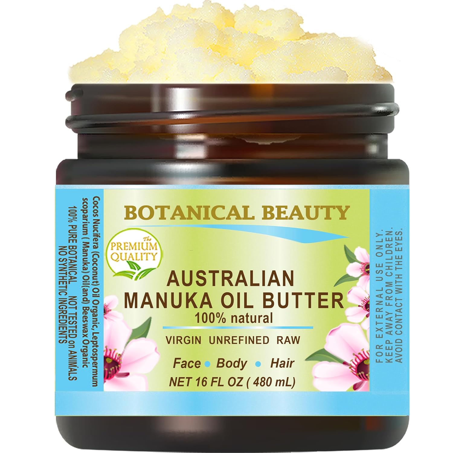 Botanical Beauty MANUKA OIL BUTTER Australian RAW VIRGIN UNREFINED for Face, Body, Hair. Dry Skin, Cracked Hands with Cocoa Cacao Butter and Manuka Honey Essential Oil (16 Fl Oz)