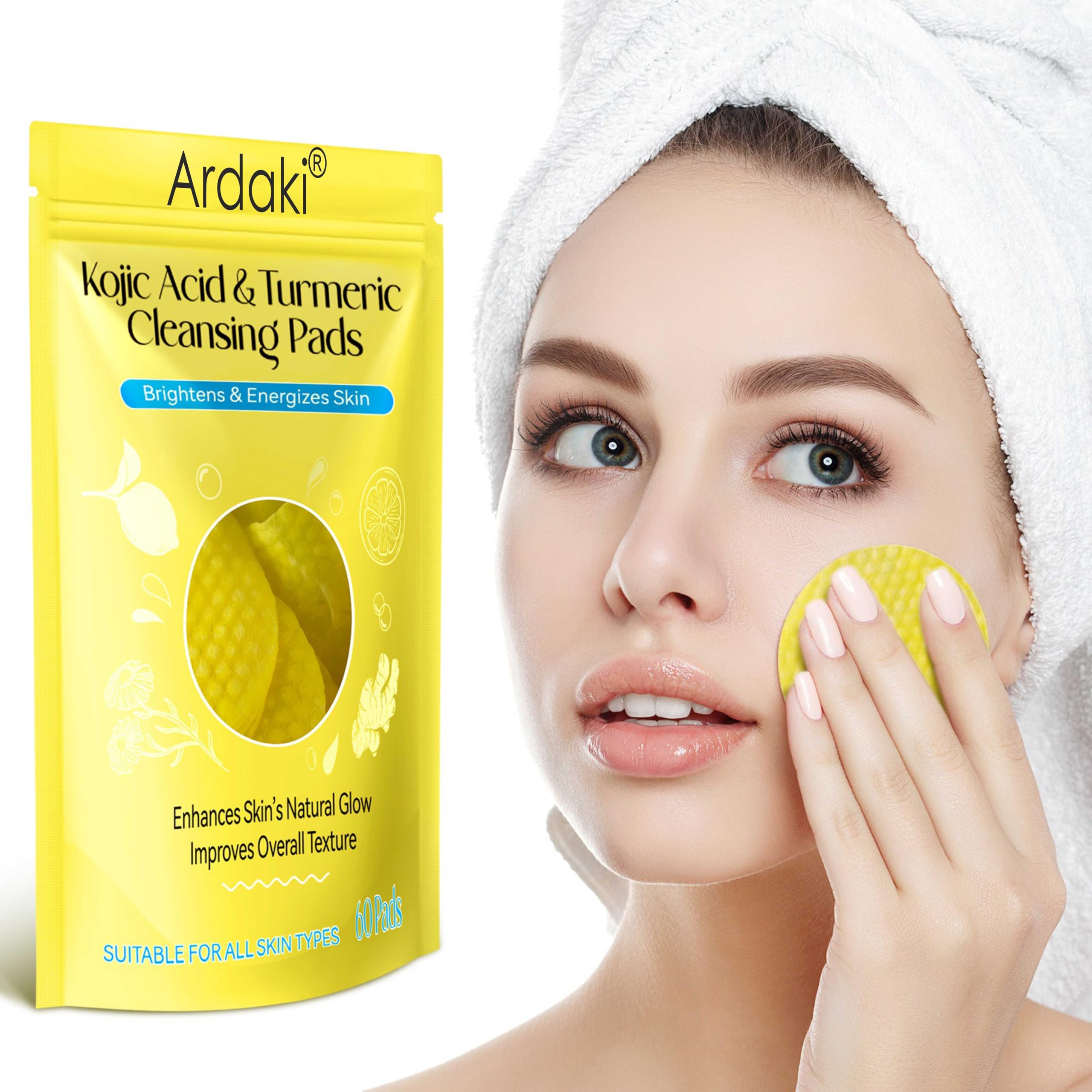ARDAKI Kojic Acid and Turmeric Cleansing Pads for Dark Spots, Skin Brightening & Acne Prevention, with Vitamin B5, Vitamin C, Turmeric Infused Foaming Exfoliating Pads for Face All Skin Types 60PCS (1-Pack (60 Count))
