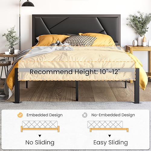 Miniatura 7 de SHA CERLIN Marco de cama de metal moderno de tamaño matrimonial con cabecera geométrica de cuero de grano de litchi, plataforma con espacio de