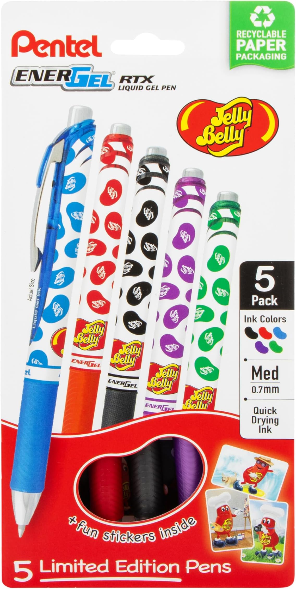 Pentel EnerGel RTX Retractable Liquid Gel Pen, Jelly Belly Limited Edition, 0.7mm Chip, Assorted Colors, Pack of 5 (BL77PF5M-JB)