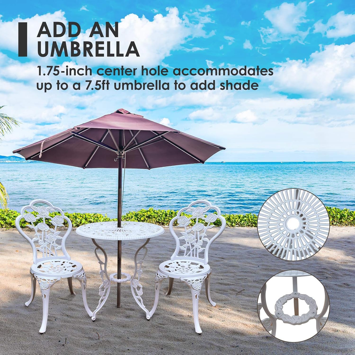 Bistro Table Set, Outrora 3 Piece Outdoor Patio Set Rust-Resistant Cast Aluminum White Rose Design Outdoor Table and Chairs Furniture with Umbrella Hole : Clothing, Shoes & Jewelry