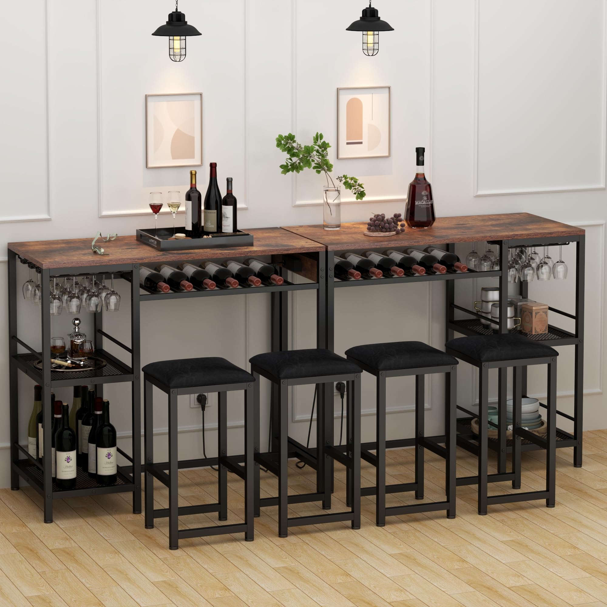 Gyfimoie Bartisch mit Barhocker Set, Stehtisch mit 2 Barhockern und Ladestation, Esstisch Set mit 2 Seitenregalen, Stahlgestell, Industrie-Design, Küchentisch für Esszimmer, Küche, Wohnzimmer