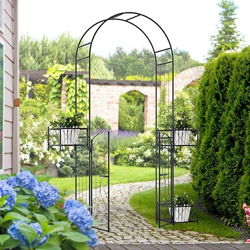 Miniatura 2 de Outsunny Cenador de jardín de metal de 7 pies, arco de jardín con puerta, corazones de desplazamiento, puertas con pestillo, cajas de macetas para