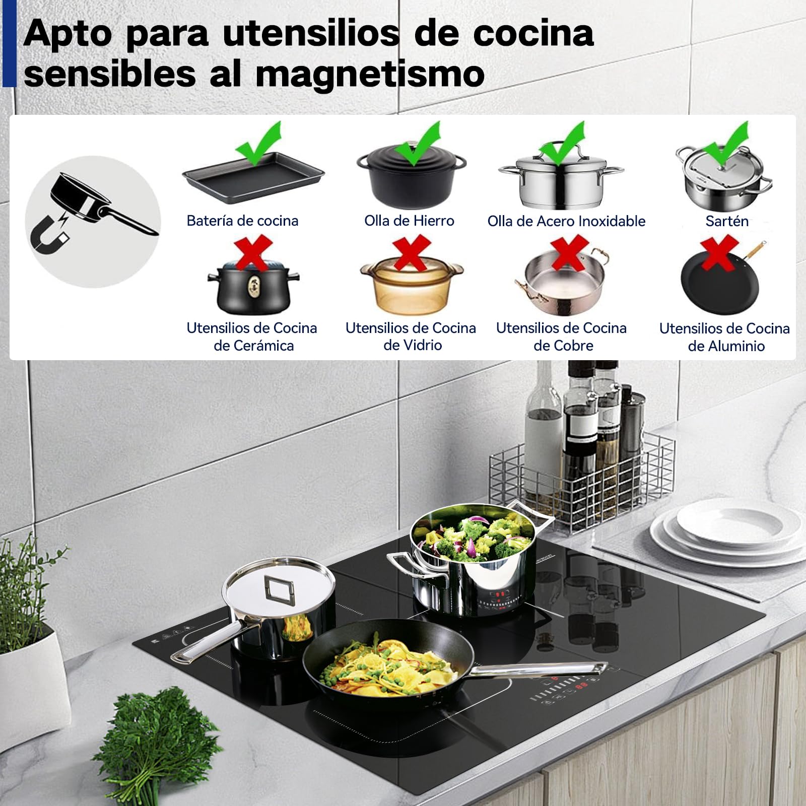 Placa Induccion 3 Fuegos con Zona Flexible, Inducción Integrada 60CM, 6800W