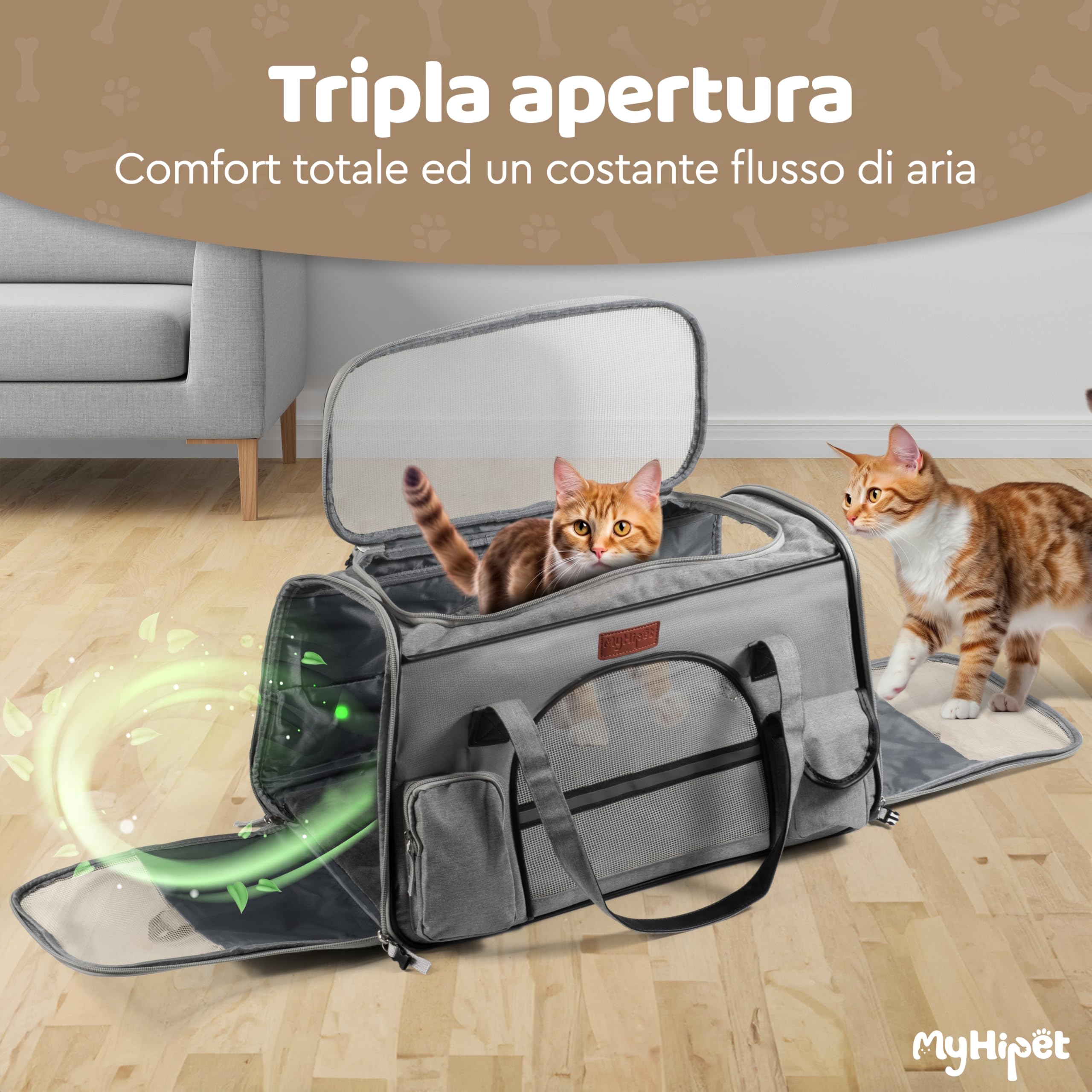 Trasportino per Gatti e Cani Grande in Oxford 300D - Trasportino per cani Auto Ideale anche per Viaggi Aerei - Misura 48x28x30 cm (Grigio)