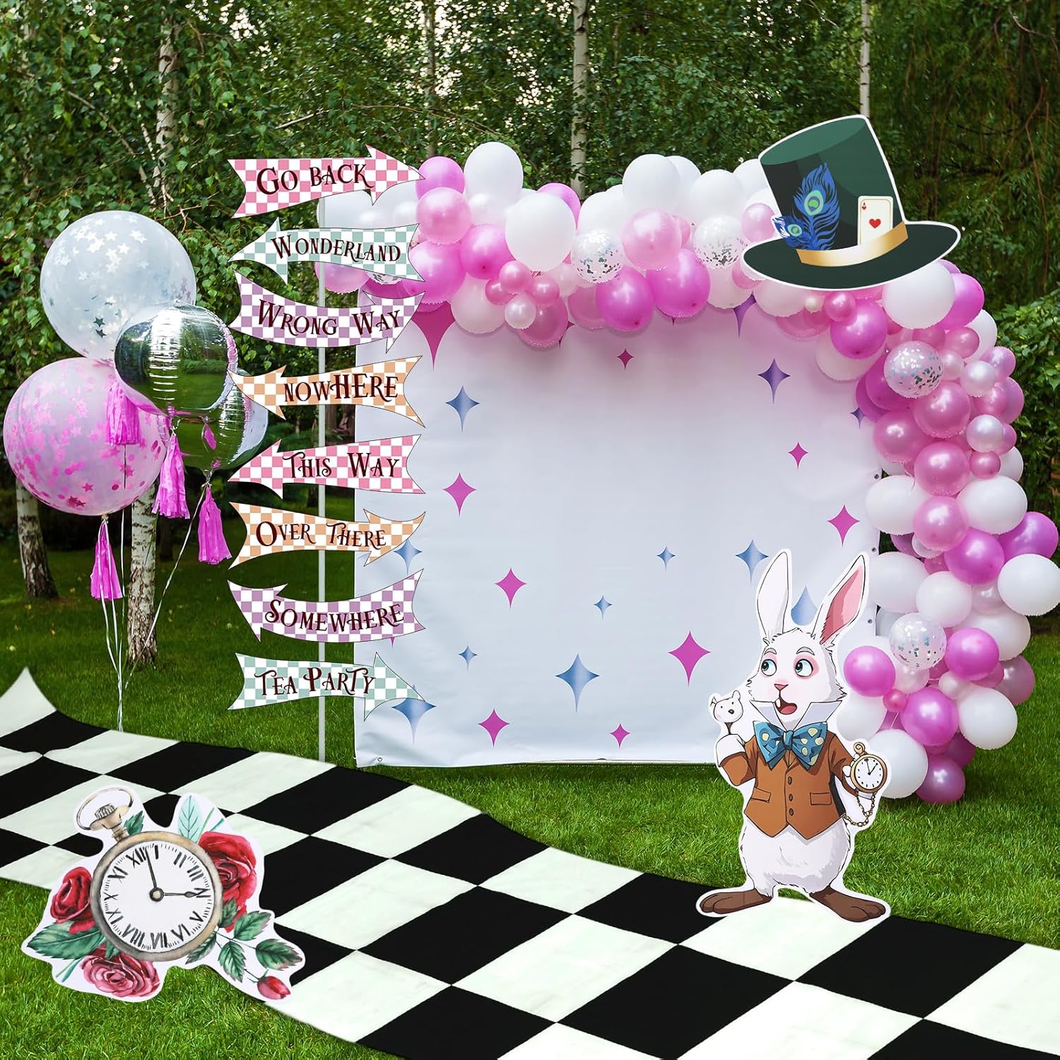 AceOrbit 12 Pcs Wonderland Party Decorations, 118" Black and White Checkered Runner Carpet, Trunk or Treat Wonderland Tea Party Decor Arrow Signs with Stakes for Afternoon Tea Birthday
