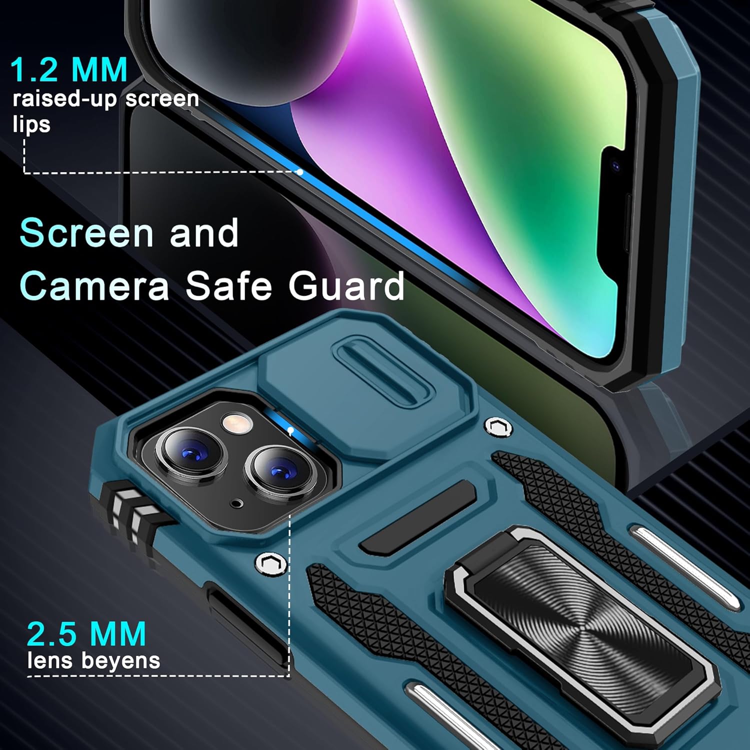 DEERLAMN Case for iPhone 13/iPhone 14 6.1-Inch with Slide Camera Cover+Screen Protector(2 Packs),Rotated Ring Kickstand Military Grade Shockproof Protective Cover-Light Blue - Image 6