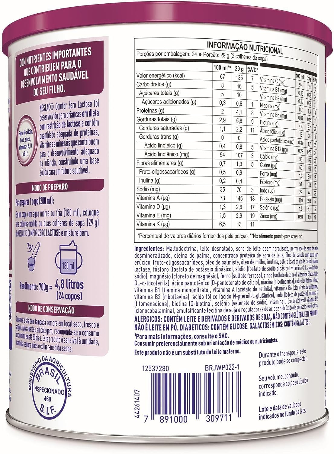 Neslac Comfor Zero Lactose - Composto Lácteo, Fórmula infantil, 700g