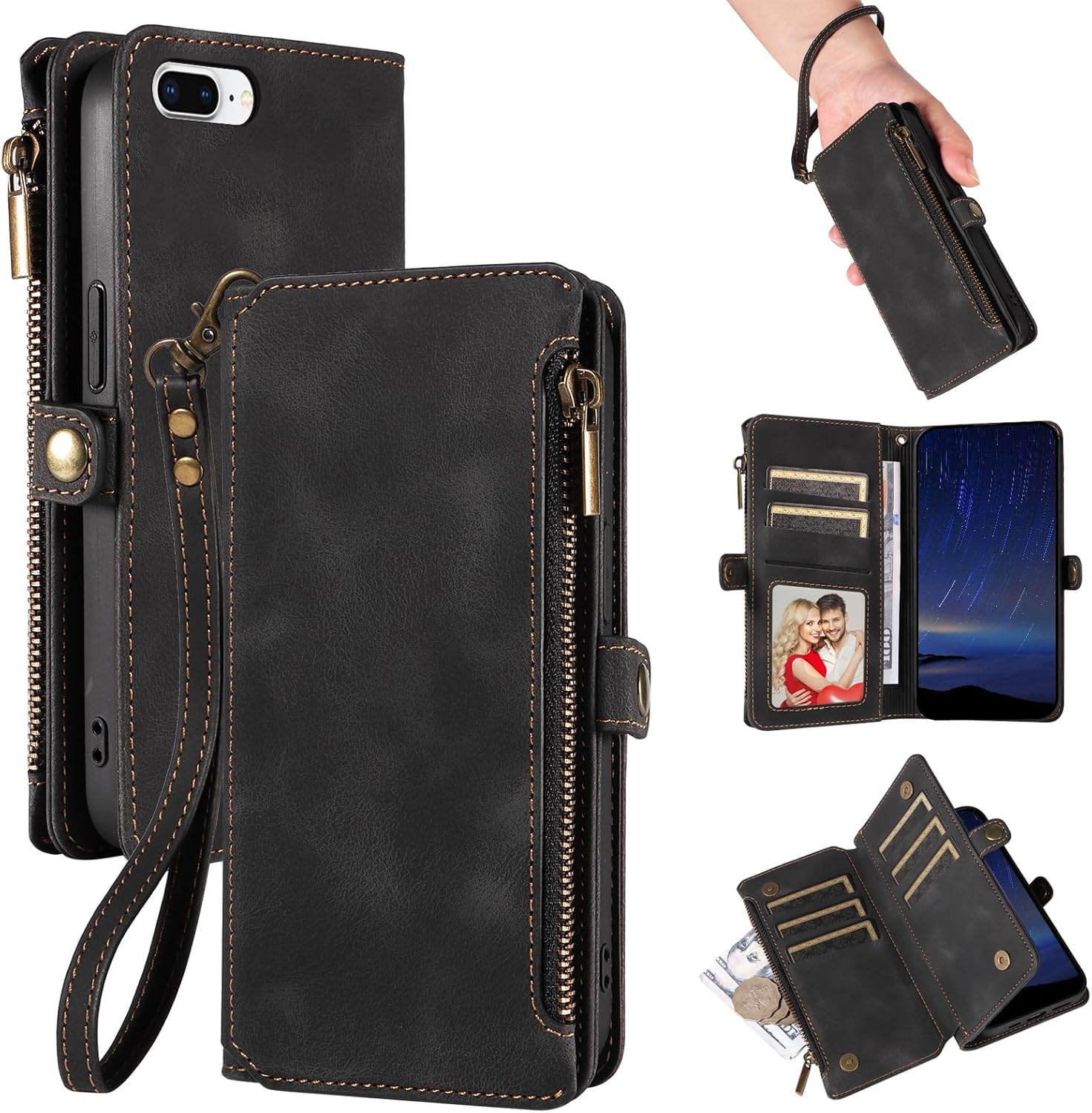 for iPhone 8 Plus/iPhone 7 Plus Wallet Case, [RFID Blocking] PU Leather Phone Case for Women Men with Zipper Card Holder, Wrist Strap Flip Case for iPhone 8 Plus/iPhone 7 Plus (Black)