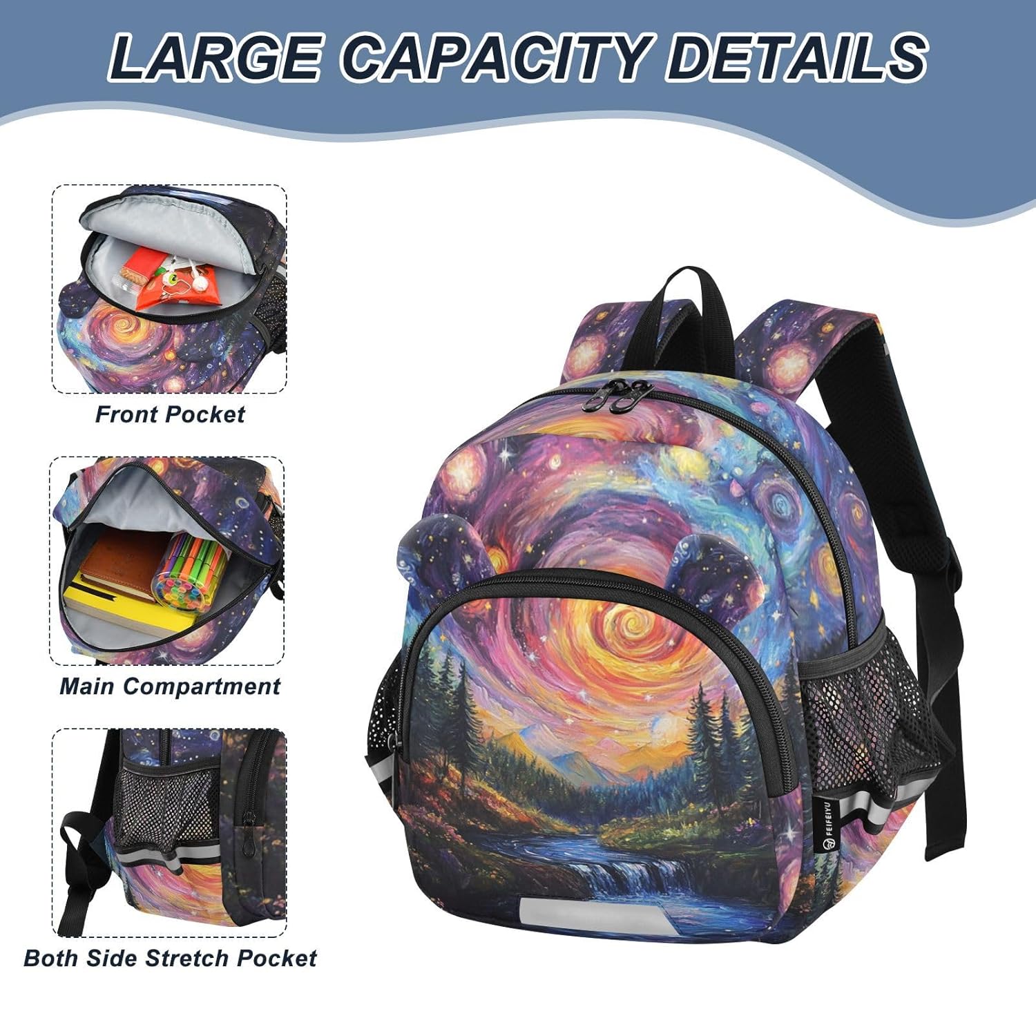 Waterfall Painting Black Toddler Harness Backpack for Boys Girls 3-6 Years Kids Backpack with Anti Lost Safety Leash Baby Travel Bag for Preschool Travel Walking