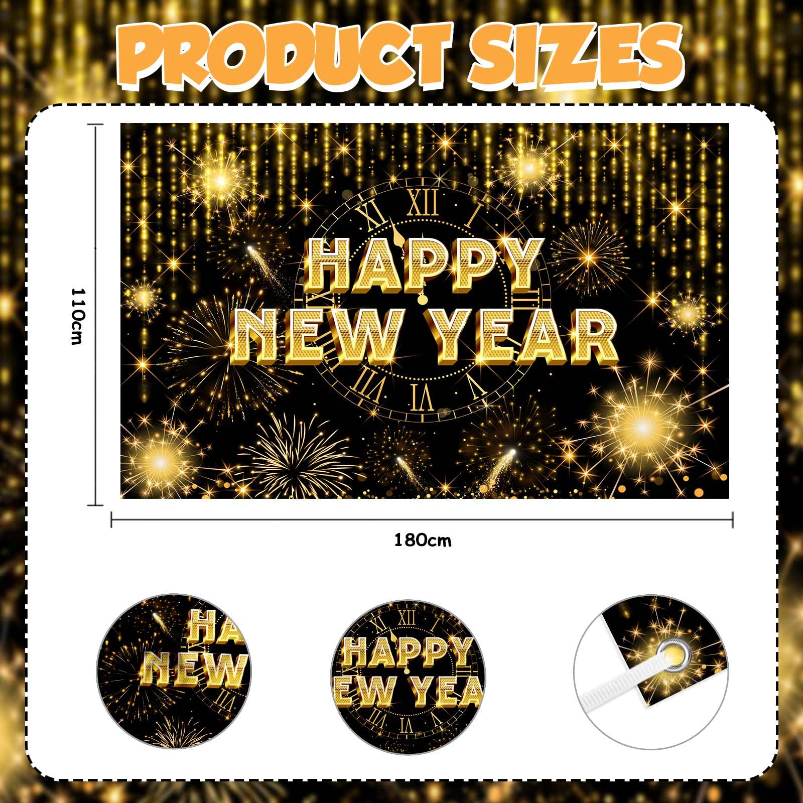 Condition photo showing Brand New for Black and Gold Happy New Year 2026 Backdrop Glitter Fireworks New Years Eve Party Decorations Countdown Clock Photo Booth Banner 70.8x43.3inch
