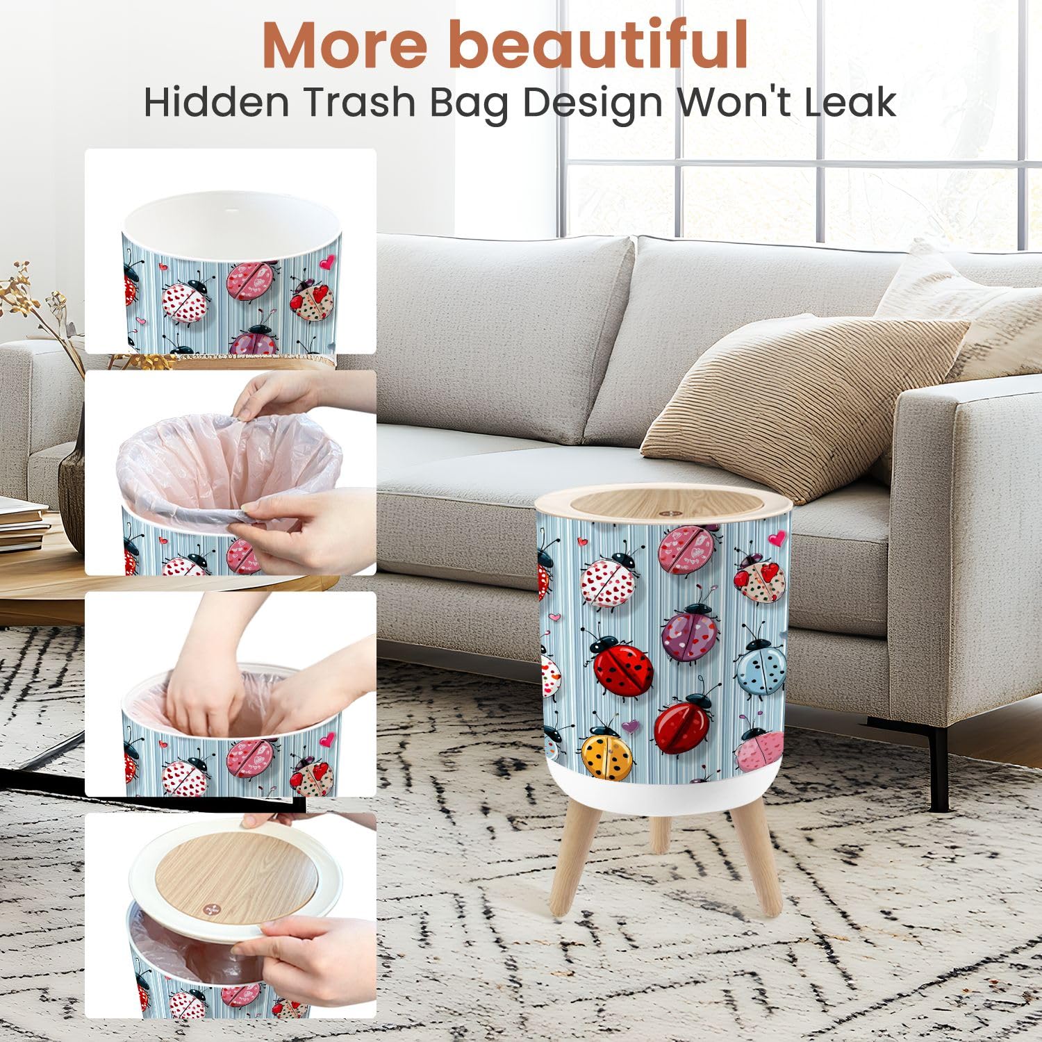 Bathroom Trash Can with Lid Heart Spotted Ladybird Nursery Fabric Cartoon Style Garbage Bin Waste Basket for Kitchen Office Bedroom Decoration Diaper Pail 1.8 Gallon