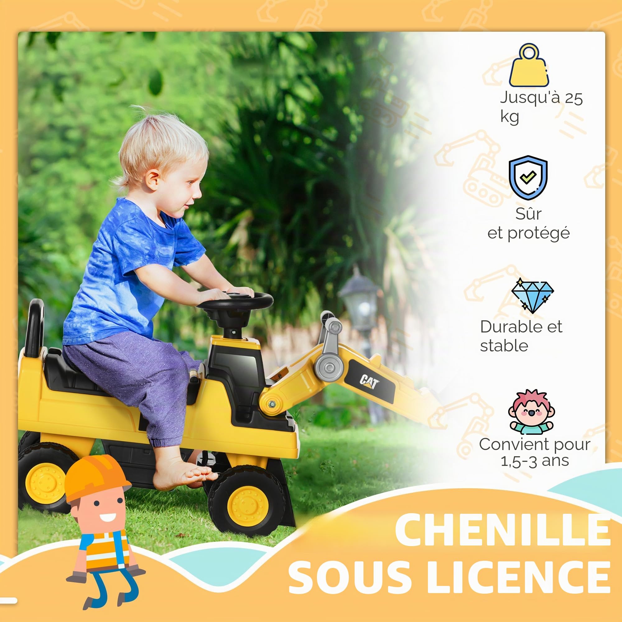 HOMCOM Pelleteuse à siège, Véhicule à Godet, Pelleteuse à siège, Pelleteuse pour Enfants avec klaxon, Espace de Rangement sous Le siège, Voiture à Godet pour Enfants à partir de 18 Mois, Jaune+Noir,