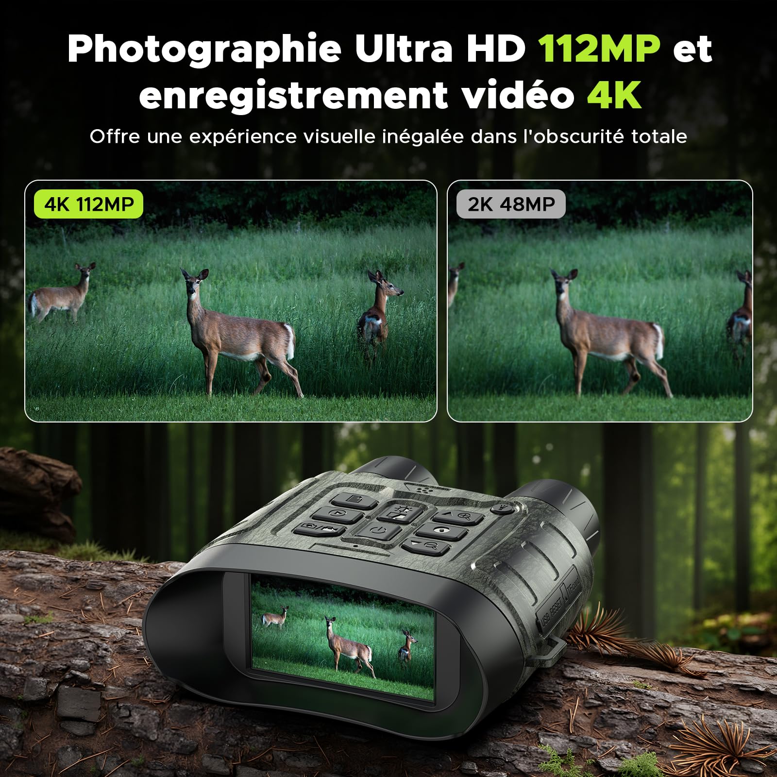 Jumelles Vision Nocturne, 112MP 4K Jumelles Nocturnes avec Zoom 12X & Portée 400m, Batterie 5000mAh Rechargeable, Carte 64GB Incluse, Vision Infrarouge, Idéal pour Chasse, Camping & Sécurité