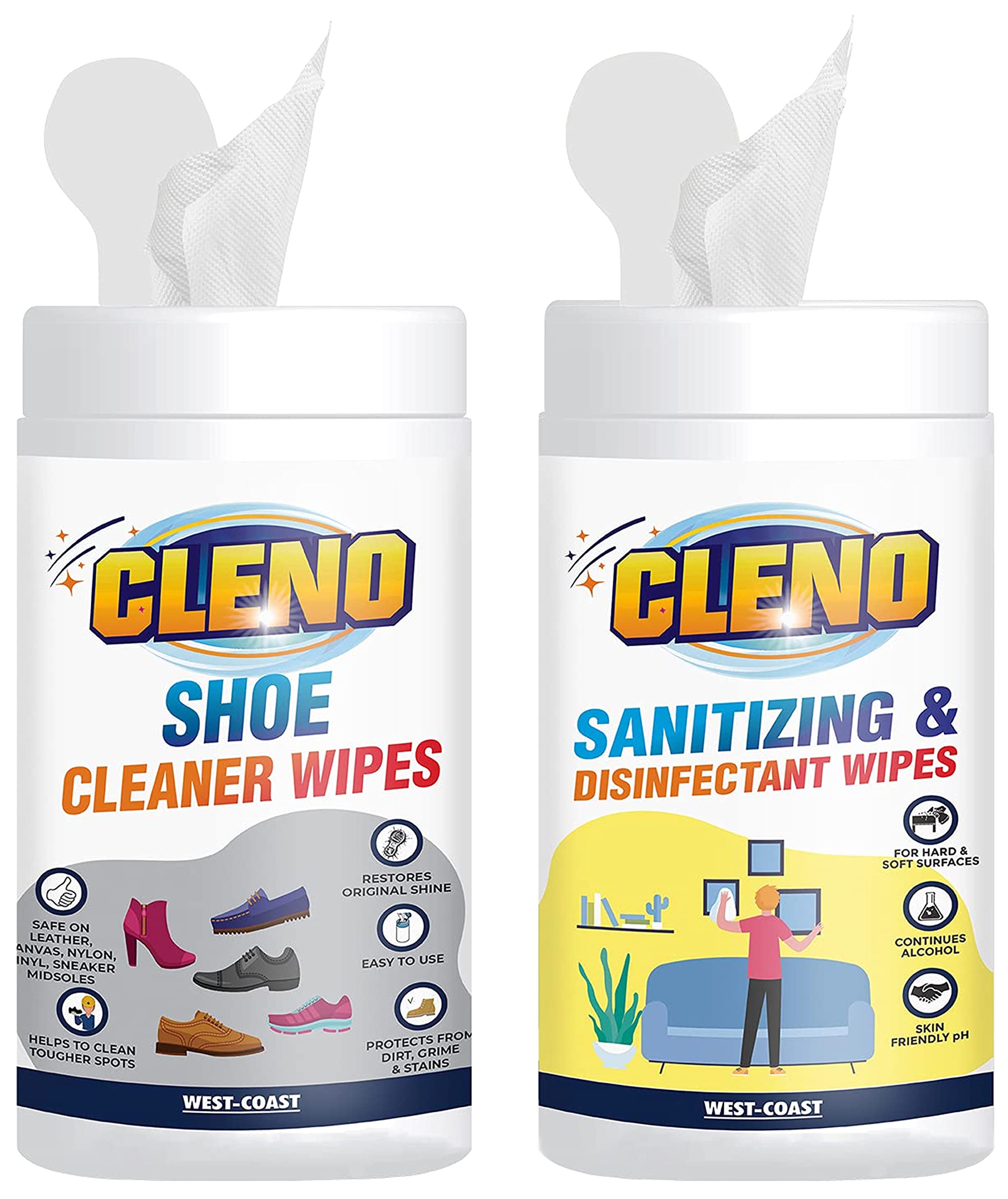 Cleno Shoe Cleaner Wet Wipes - 50 Wipes (Ready to Use) Sanitizing & Disinfectant Wet Wipes Cleanse Floor - 50 Wipes (Ready to Use)